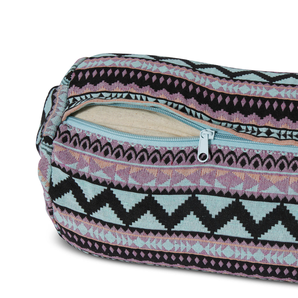 Yoga-Bolster Tarik - gefüllt mit Bio-Buchweizenschalen - 68 x 22 x 22 cm - Style 12 mit geöffnetem Reißverschluss und Ethnomuster