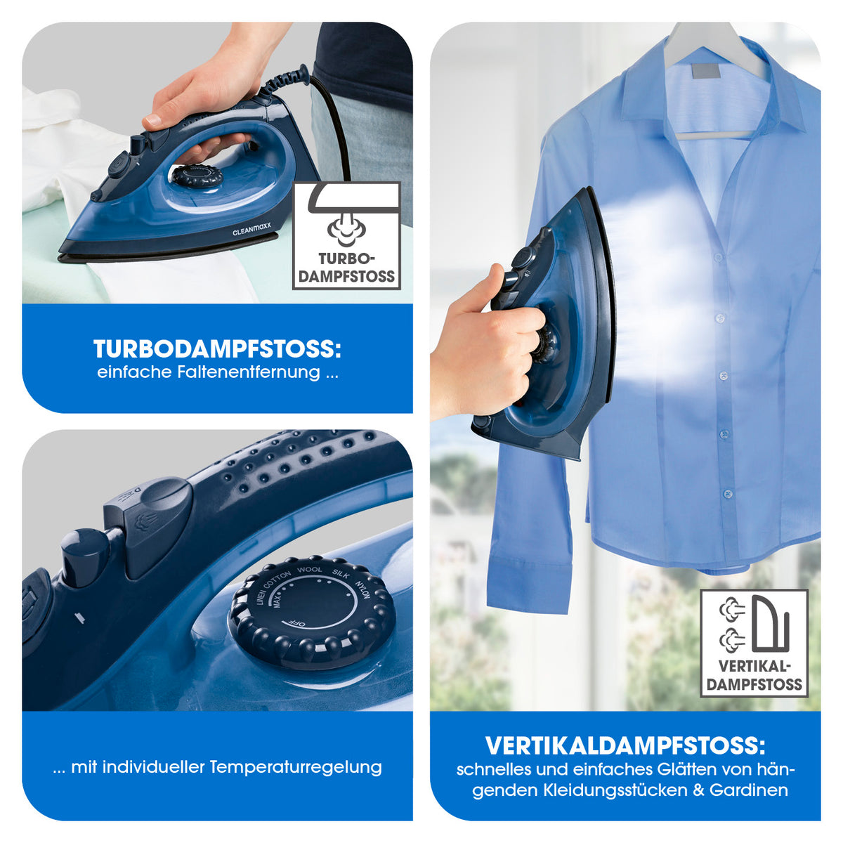 Infografik zum Dampfbügeleisen mit Keramiksohle - blau/dunkelblau mit Turbo- und Vertikaldampffunktion
