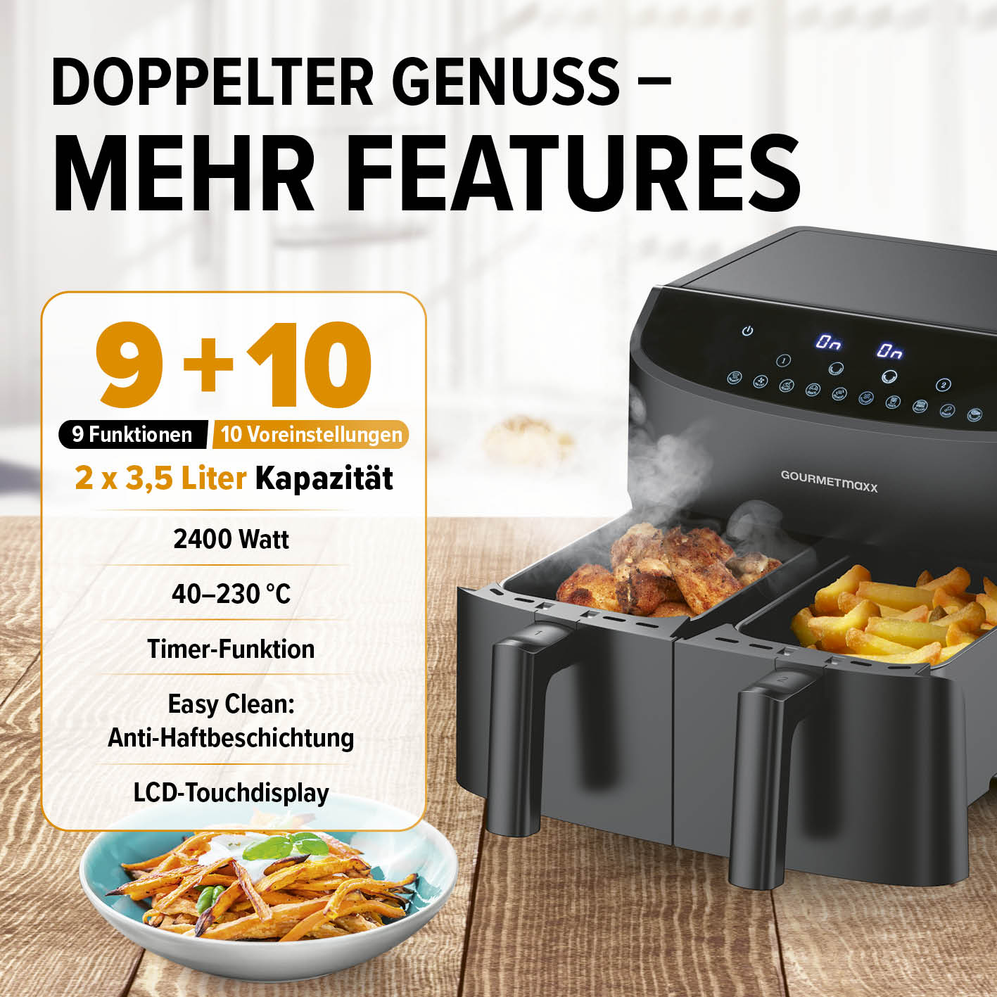 Doppelkammer-Heißluftfritteuse - 2 x 3,5 L