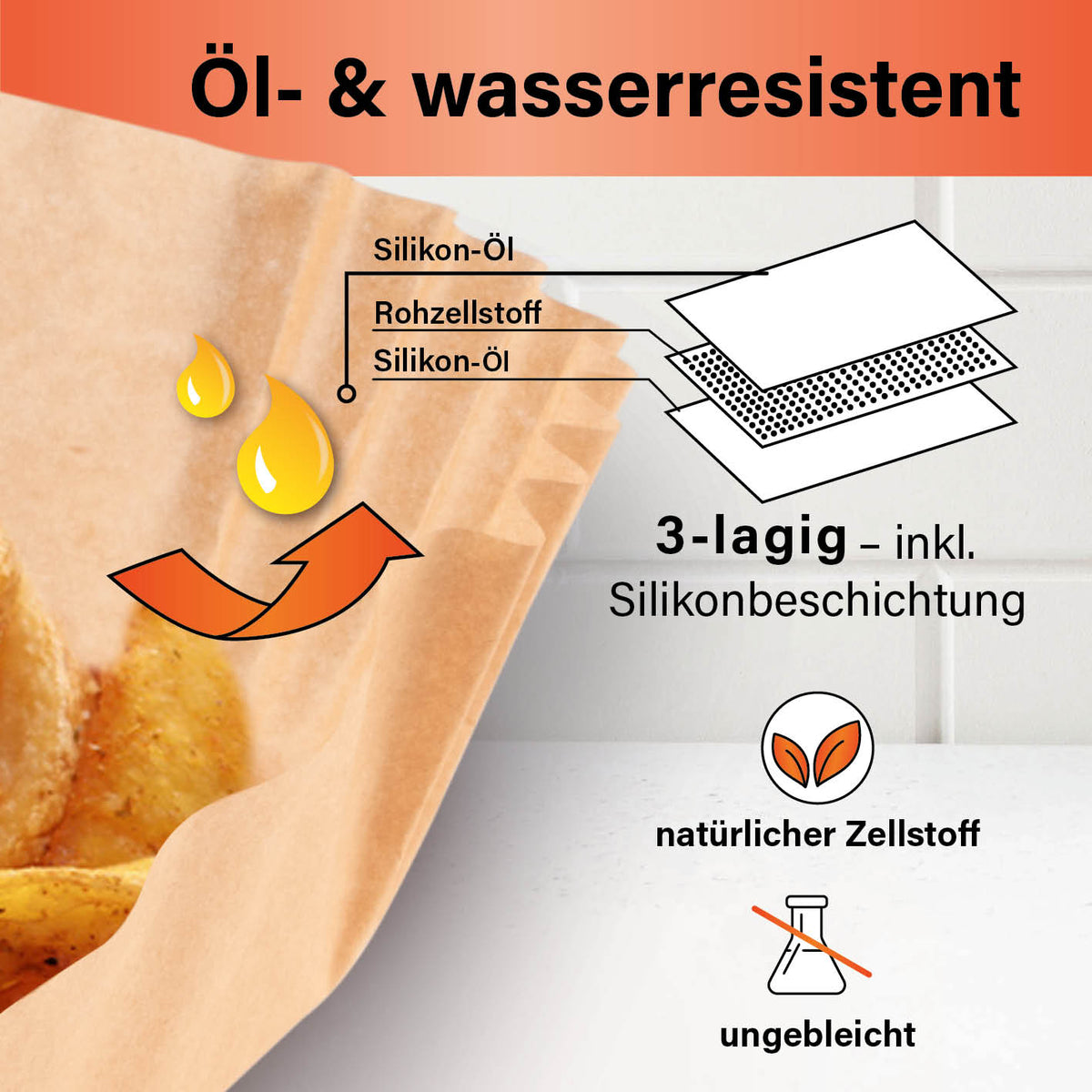 Backpapierschalen für Heißluftfritteusen (5–6 l) - 200 Stück, öl- und wasserresistent, 3-lagig mit Silikonbeschichtung