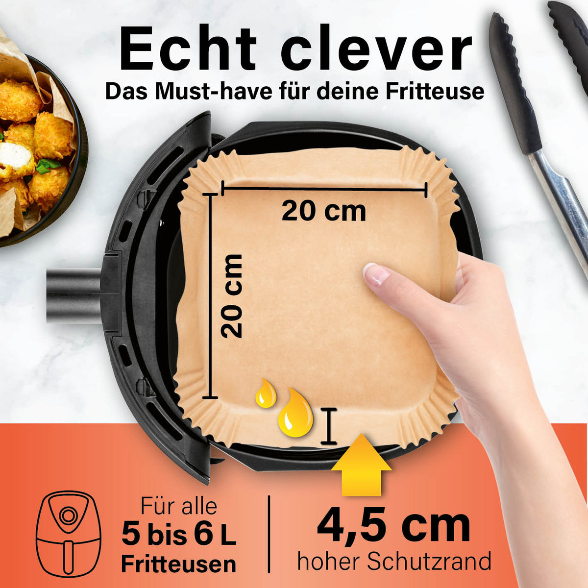 Backpapierschalen für Heißluftfritteusen (5–6 l) - 200 Stück Maßdiagramm mit 20 x 20 cm und 4,5 cm Schutzrand
