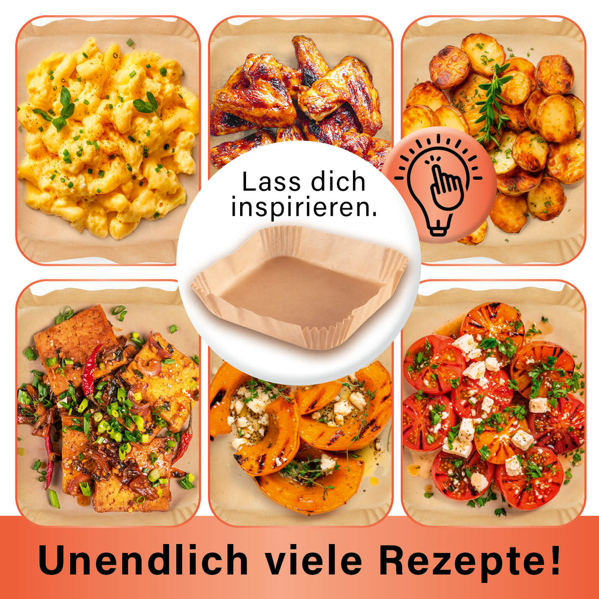Backpapierschalen für Heißluftfritteusen (5–6 l) - 200 Stück mit Rezeptideen und einer Schale