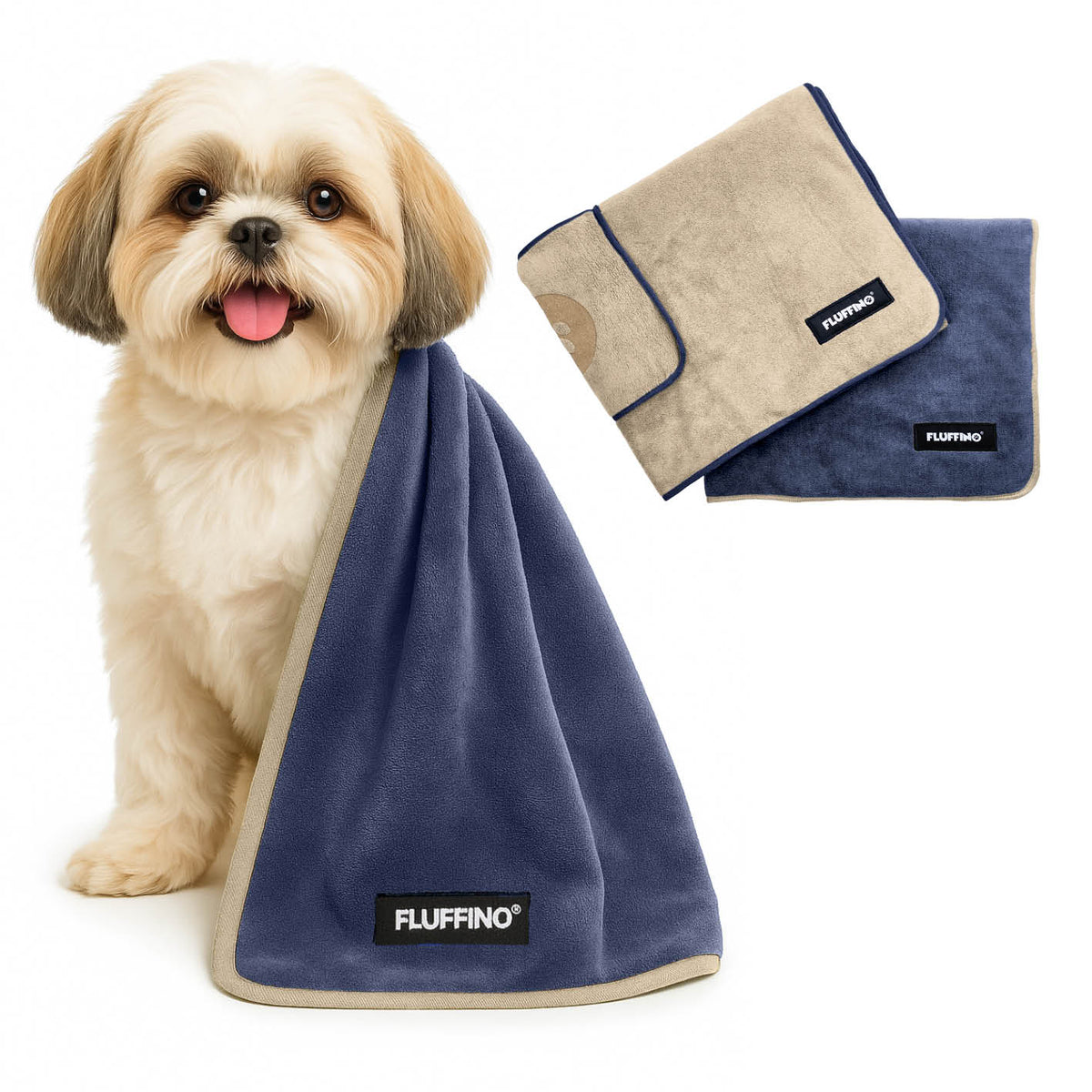 Hundehandtuch Mikrofaser – 2er-Pack - 90 x 50 cm - Beige & Blau mit Hund und zwei Handtüchern