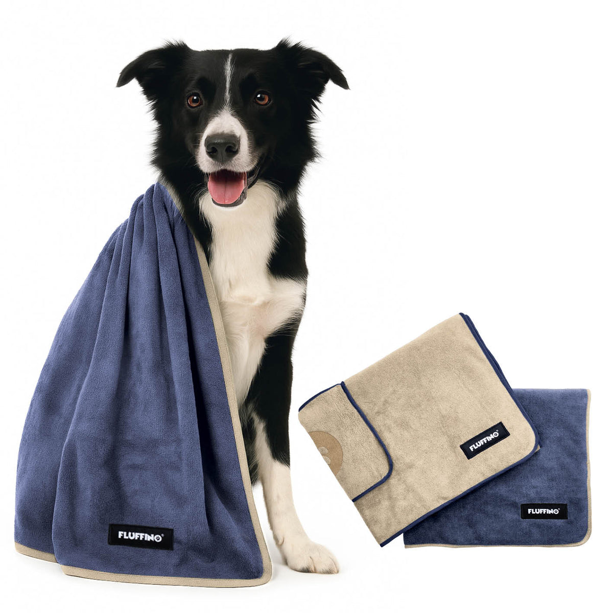 Hundehandtuch Mikrofaser – 2er-Pack - 120 x 70 cm - Beige & Blau mit Hund und zwei Handtüchern