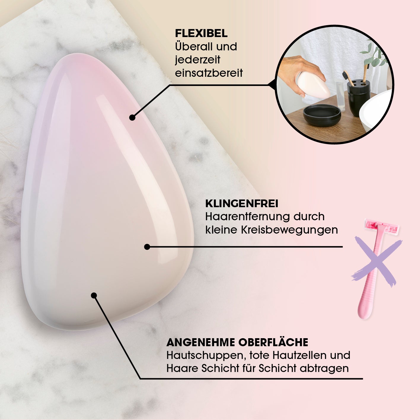 Haarentferner Nano-Glas - altrosa in Galerieposition 3 mit flexibler, klingenfreier und angenehmer Oberfläche, 1417x1417 px quadratisch