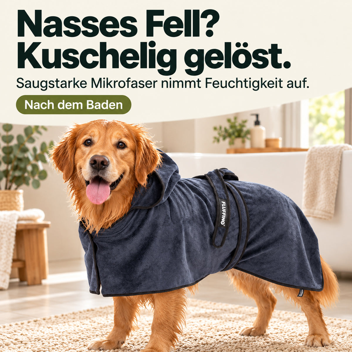 Hundebademantel - Größe S - beige/blau für Hund nach dem Baden, saugstarker Mikrofaser Bademantel