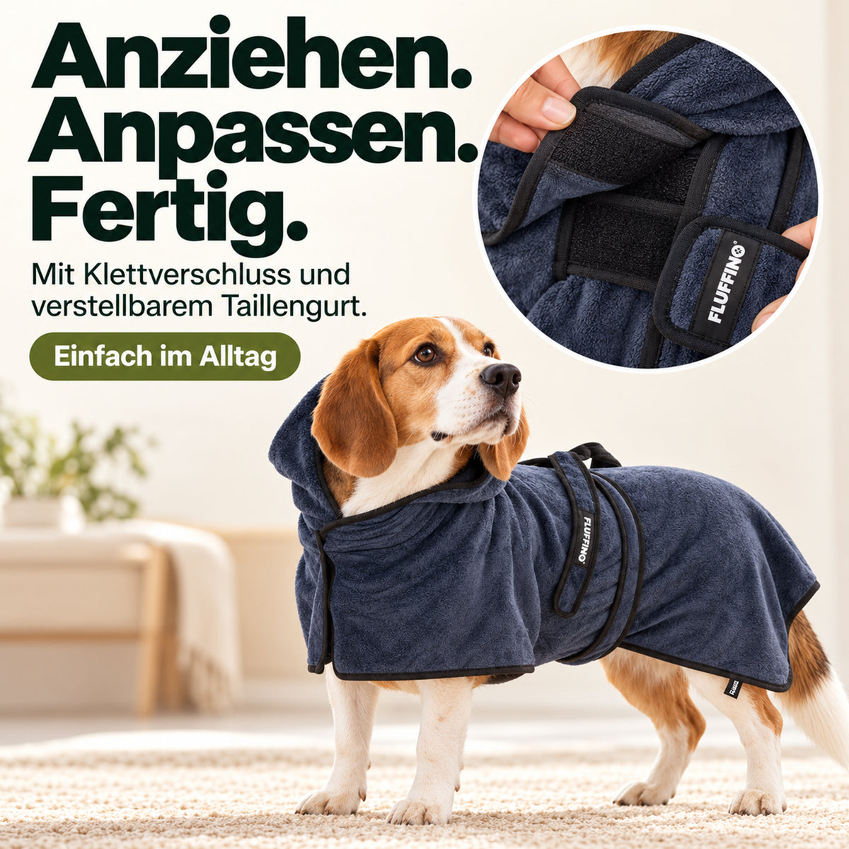 Hundebademantel - Größe S - beige/blau für Hund mit Klettverschluss und verstellbarem Taillengurt