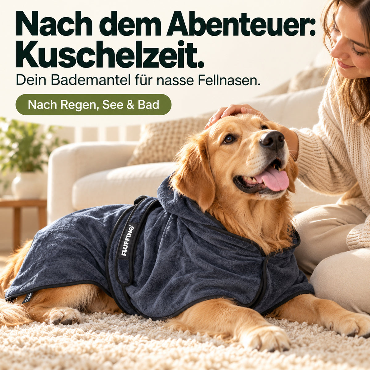 Hundebademantel - Größe S - beige/blau für einen Hund nach dem Baden