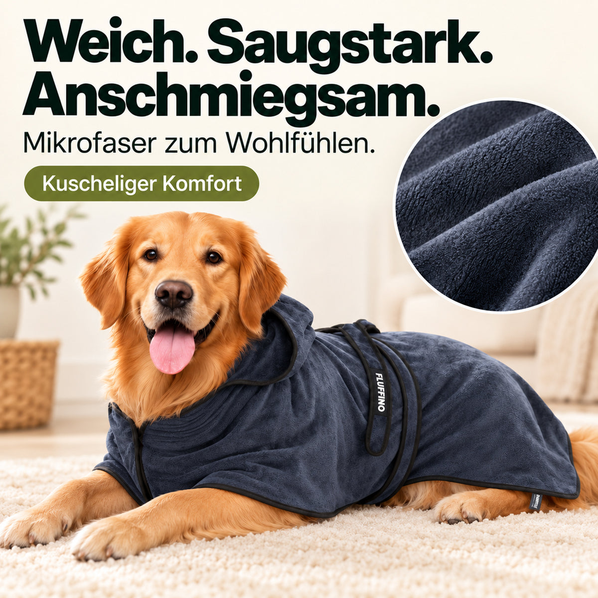 Hundebademantel - Größe S - beige/blau für Hunde weich und saugstark am Golden Retriever gezeigt