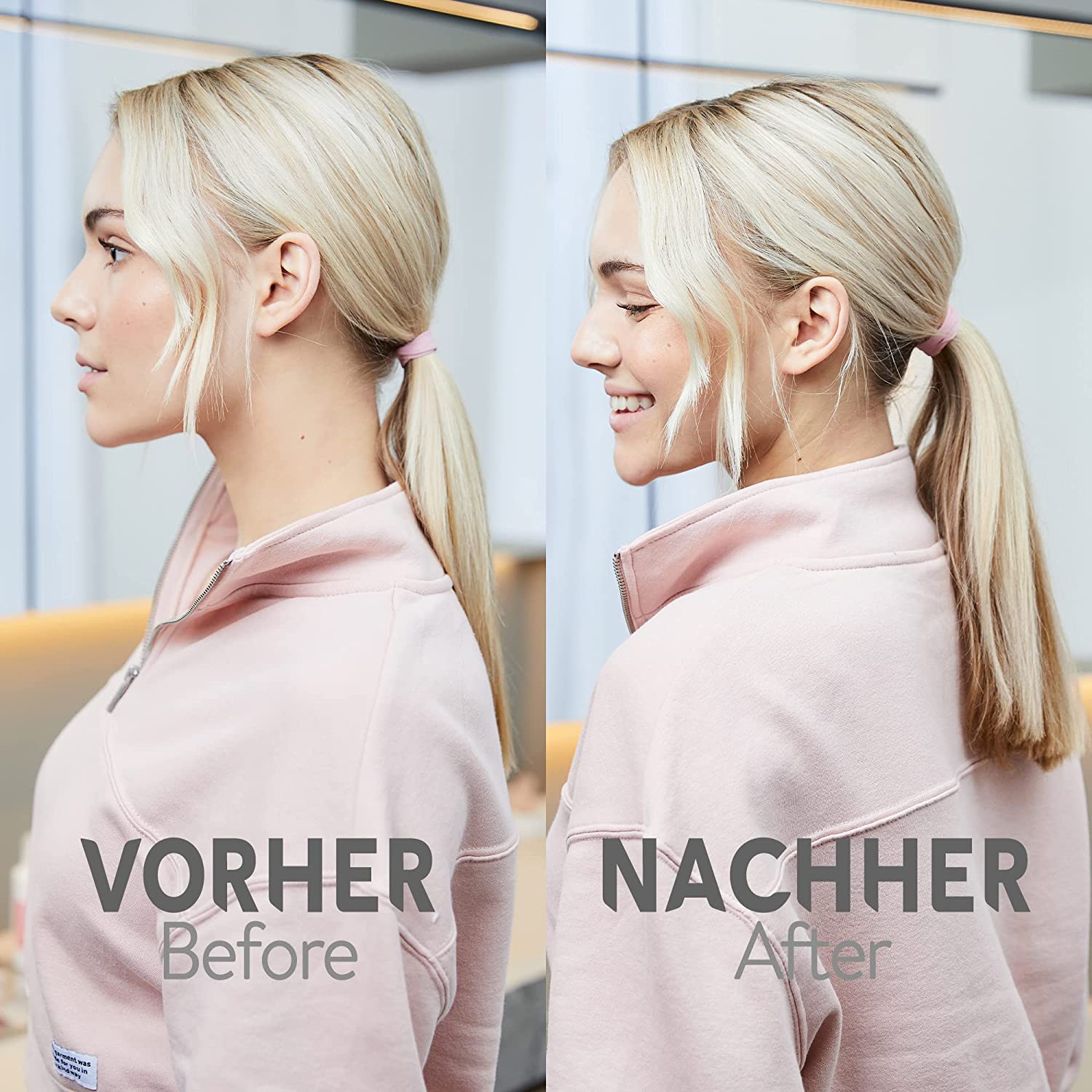 Seitenansicht von Frau mit glattem Haar im Pony vor und nach der Behandlung, Vorher-Nachher-Vergleich.