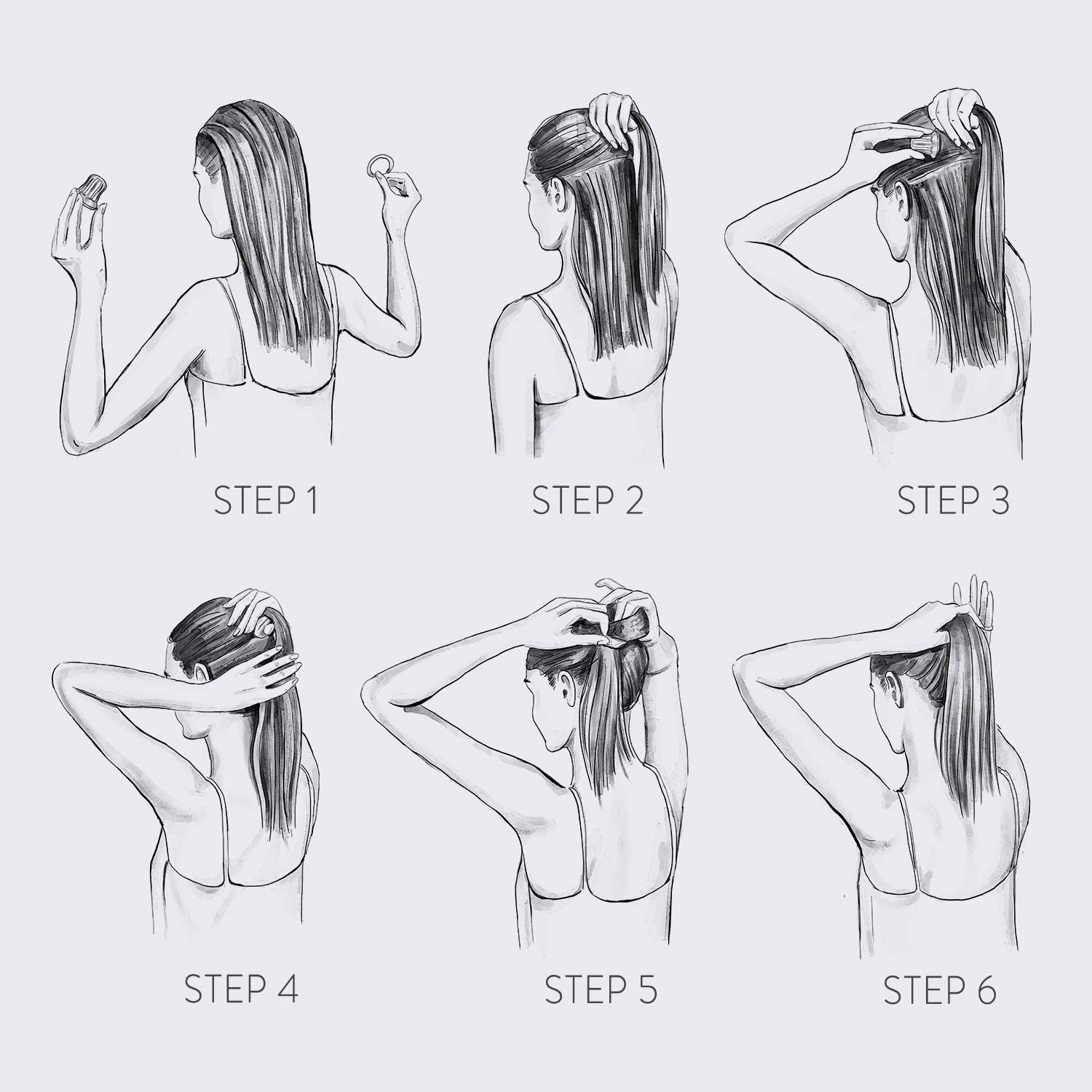 Schritt-für-Schritt Anleitung zur Frisur mit Pony, um das Haar schnell und einfach nach hinten zu stylen.