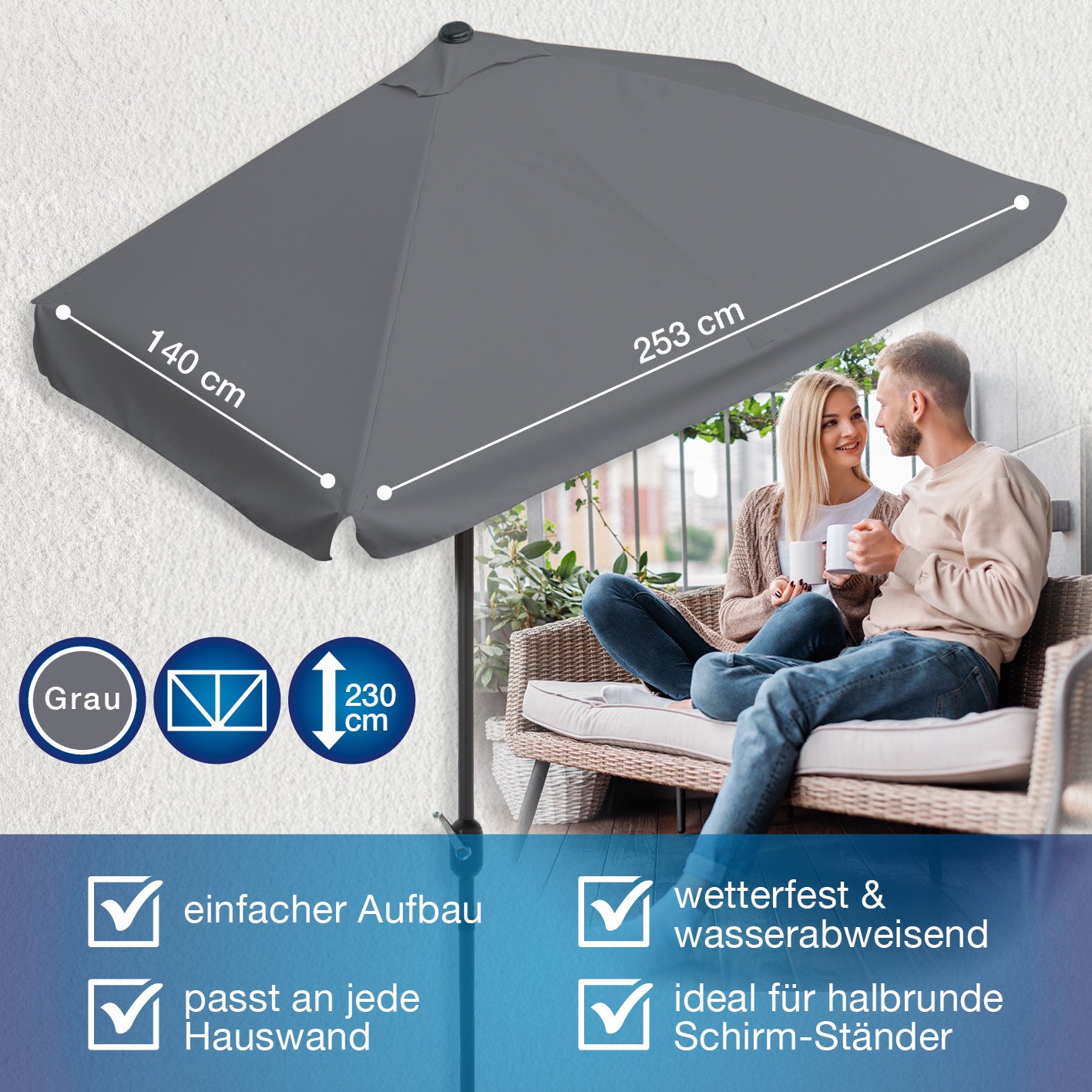 EASYmaxx Sonnenschirm - rechteckig, grau