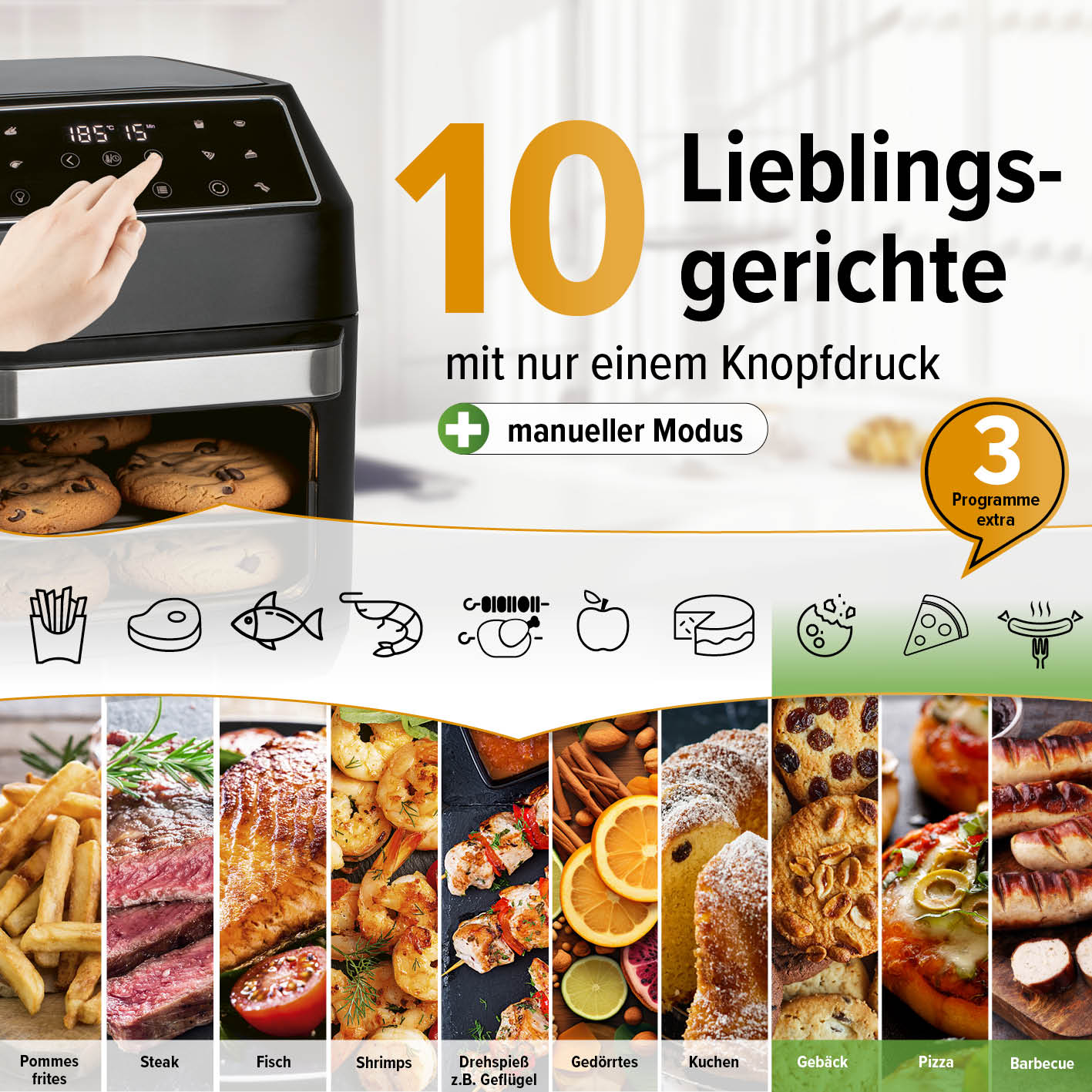 Digitale Heißluftfritteuse - 12 l mit 10 Programmen für vielfältige Gerichte wie Pommes, Steak, Fisch, Pizza und mehr bei nur einem Knopfdruck.