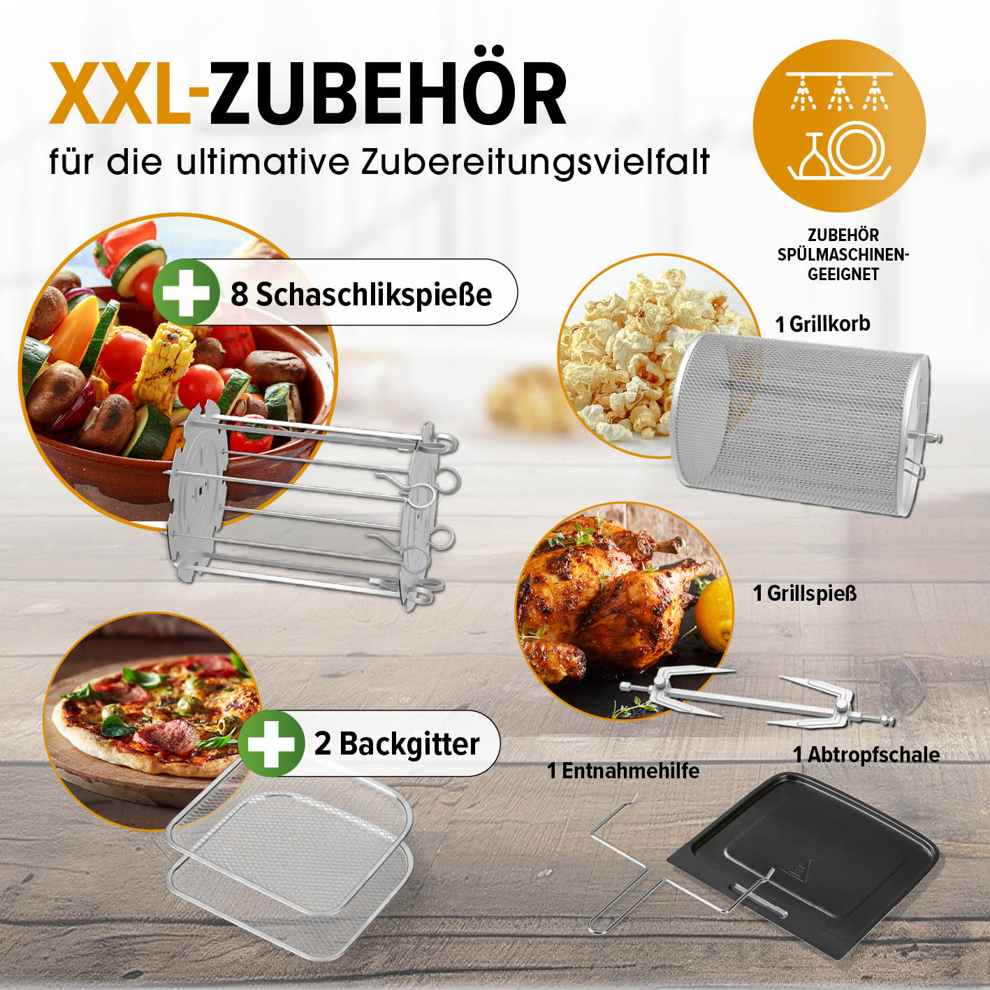Zubehör der digitalen Heißluftfritteuse - 12 l mit Grillkorb, Grillspieß, Schaschlikspießen, Backgittern und Abtropfschale.