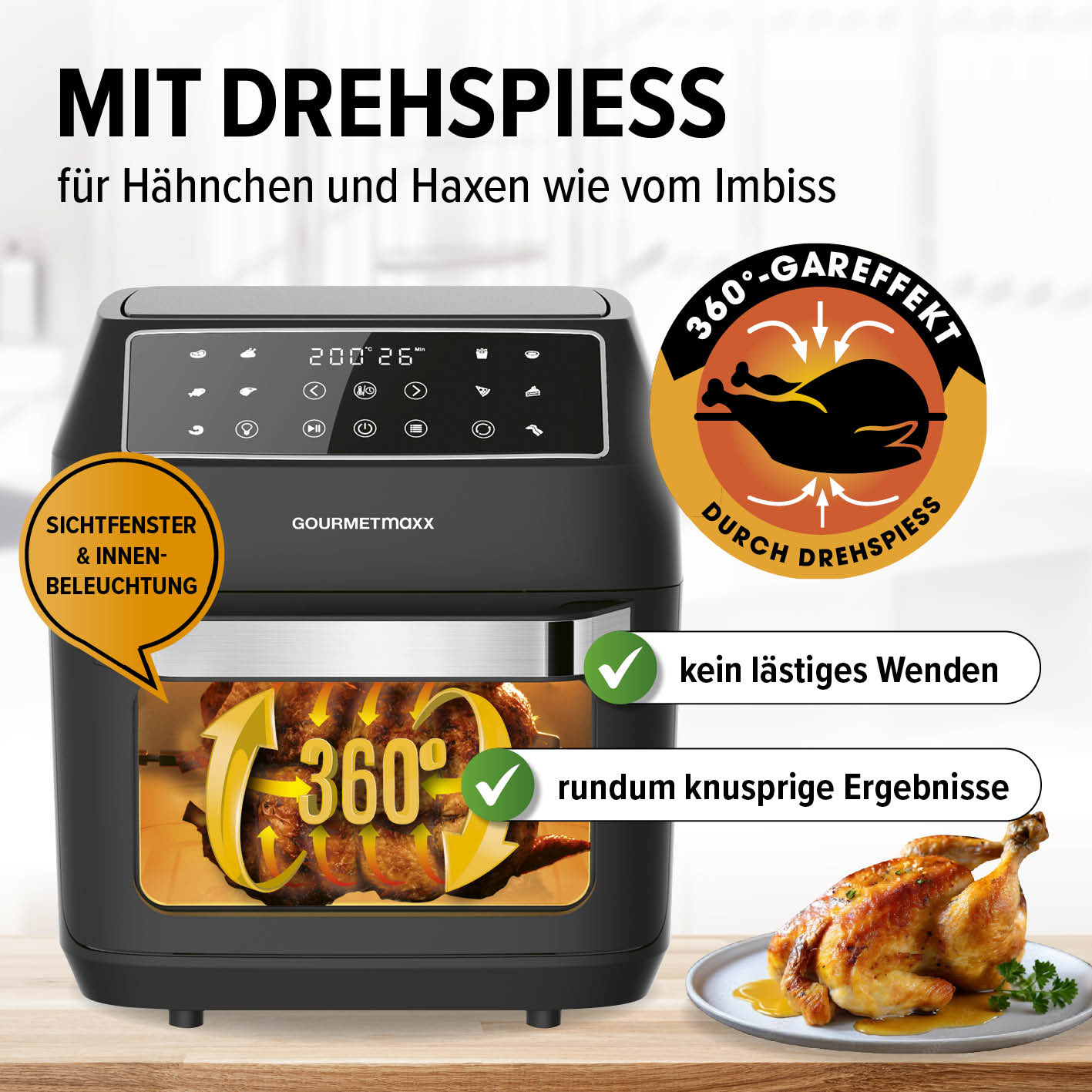 Digitale Heißluftfritteuse - 12 l mit Drehspieß, 360°-Gareffekt, Sichtfenster und Innenbeleuchtung für knusprige Ergebnisse ohne Wenden.