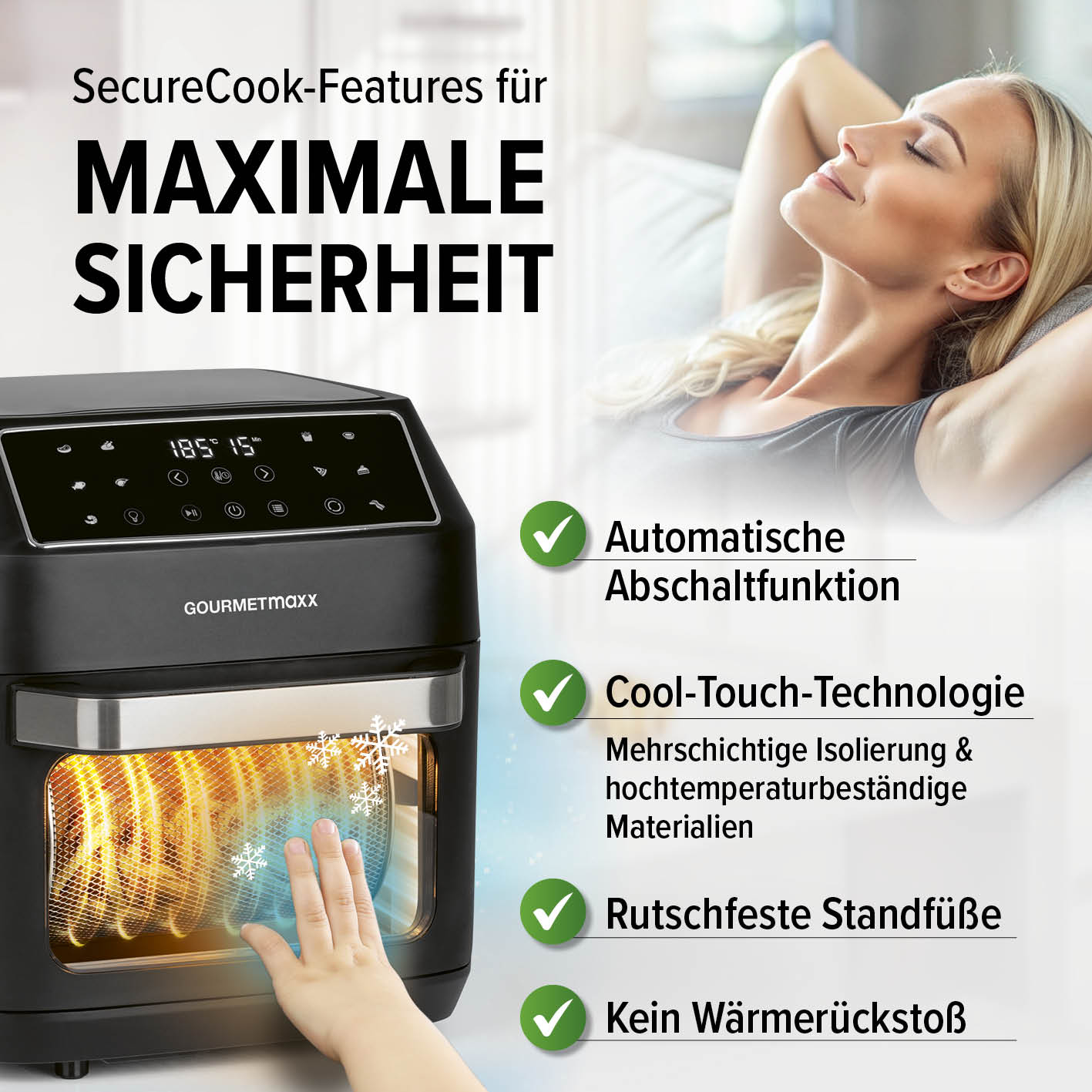Digitale Heißluftfritteuse - 12 l mit automatischer Abschaltfunktion und Cool-Touch-Technologie für maximale Sicherheit beim Frittieren.
