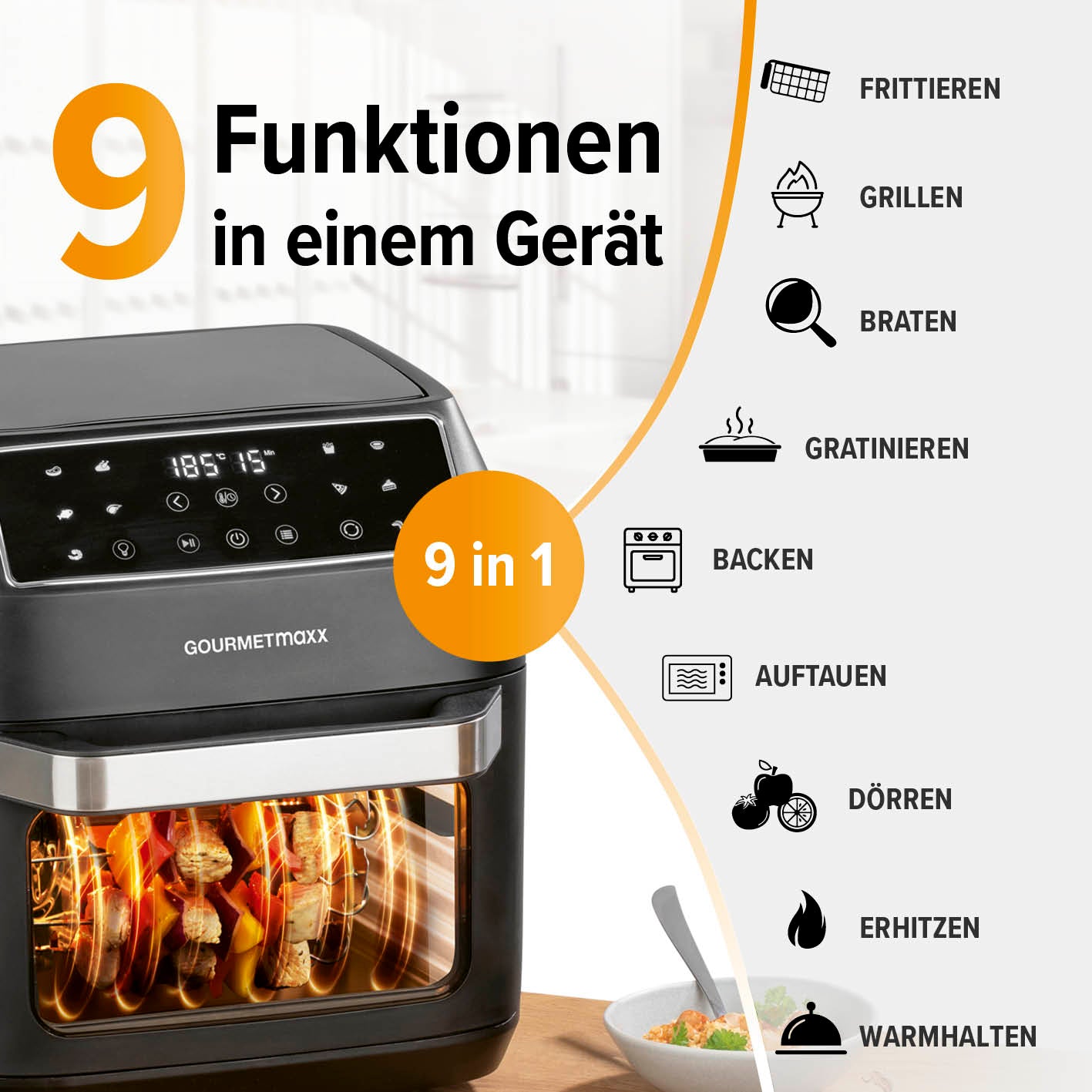 Digitale Heißluftfritteuse - 12 l mit 9 Funktionen zum Frittieren, Grillen, Braten, Backen, Dörren und mehr in einem Gerät.
