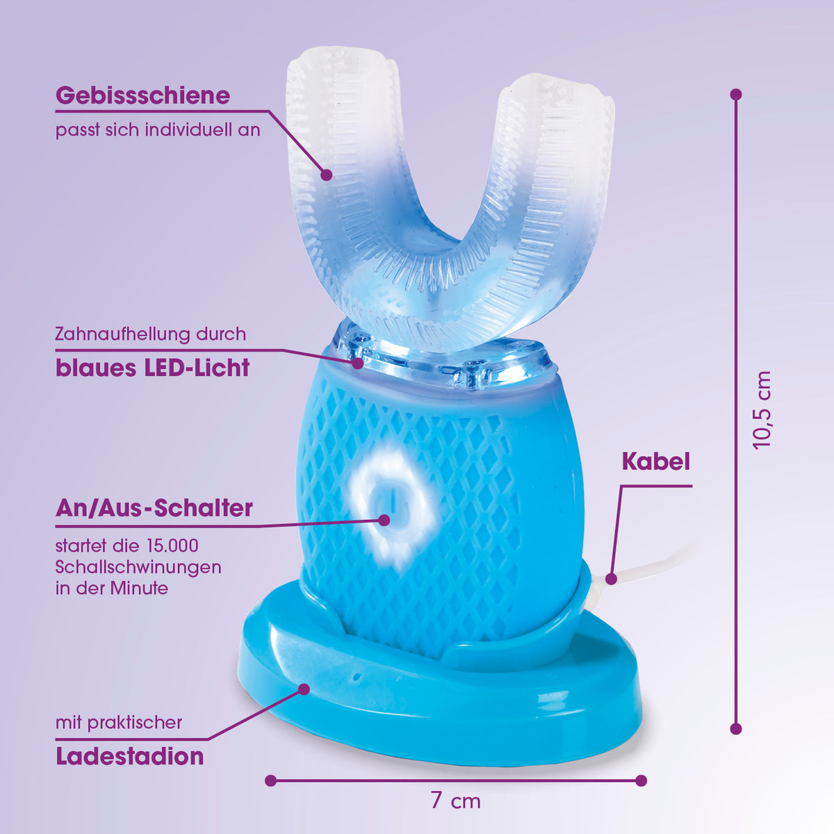 Infografik: 360° Schall-Zahnbürste mit LED-Blaulicht & Vibration mit 10,5 cm Höhe und 7 cm Breite