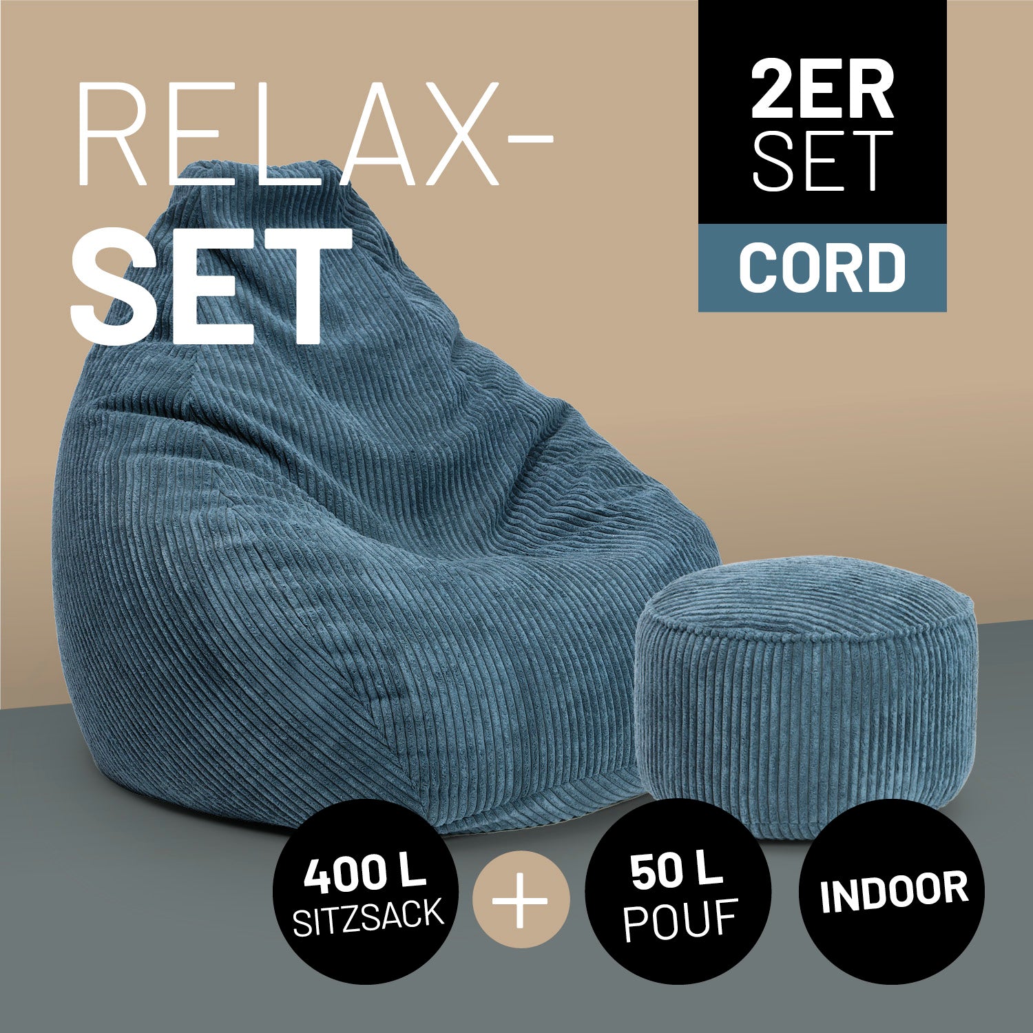 Relax-Set Cord – Sitzsack GIANT + Pouf – 400 + 50 Liter – Dunkelblau