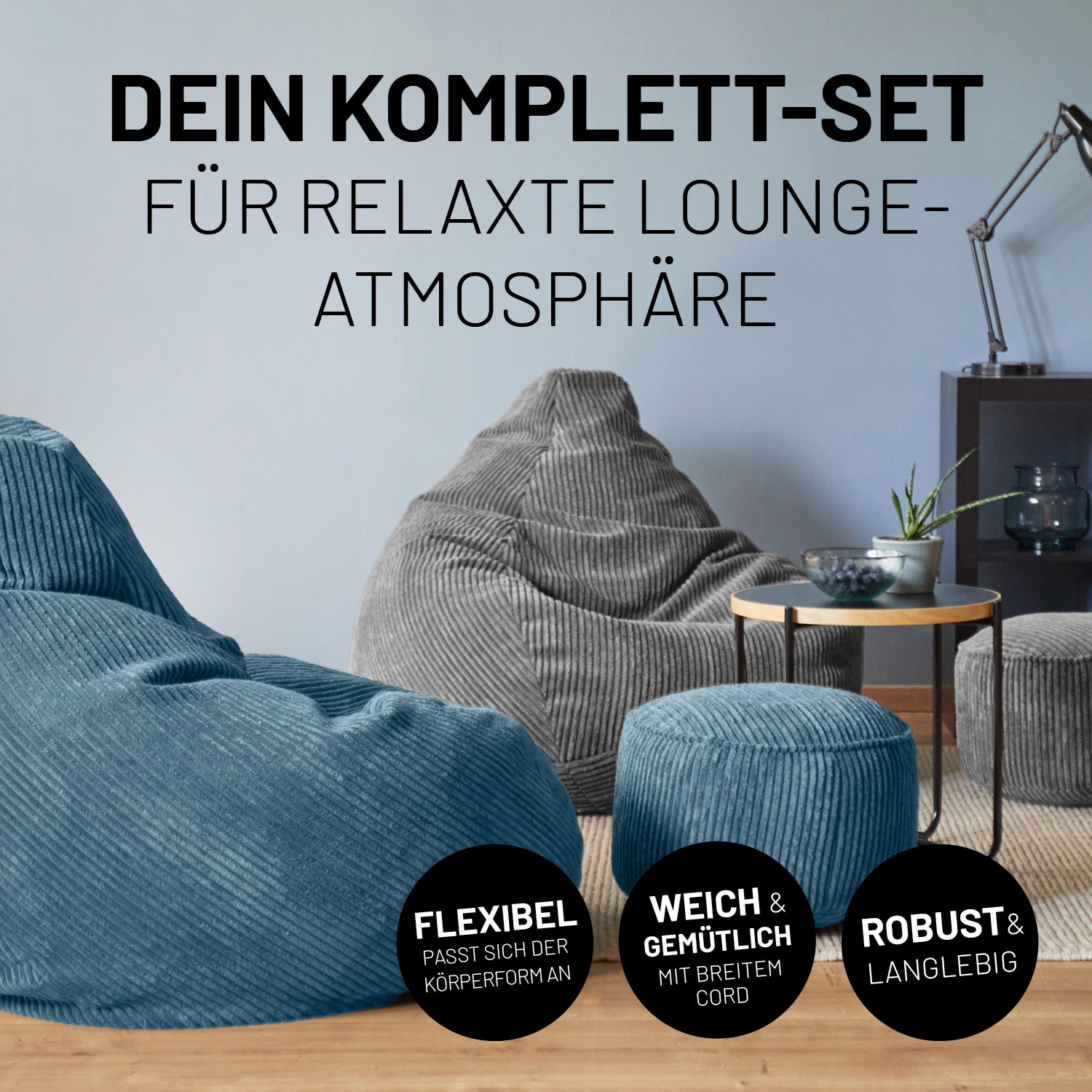 Relax-Set Cord – Sitzsack GIANT + Pouf – 400 + 50 Liter – Dunkelblau