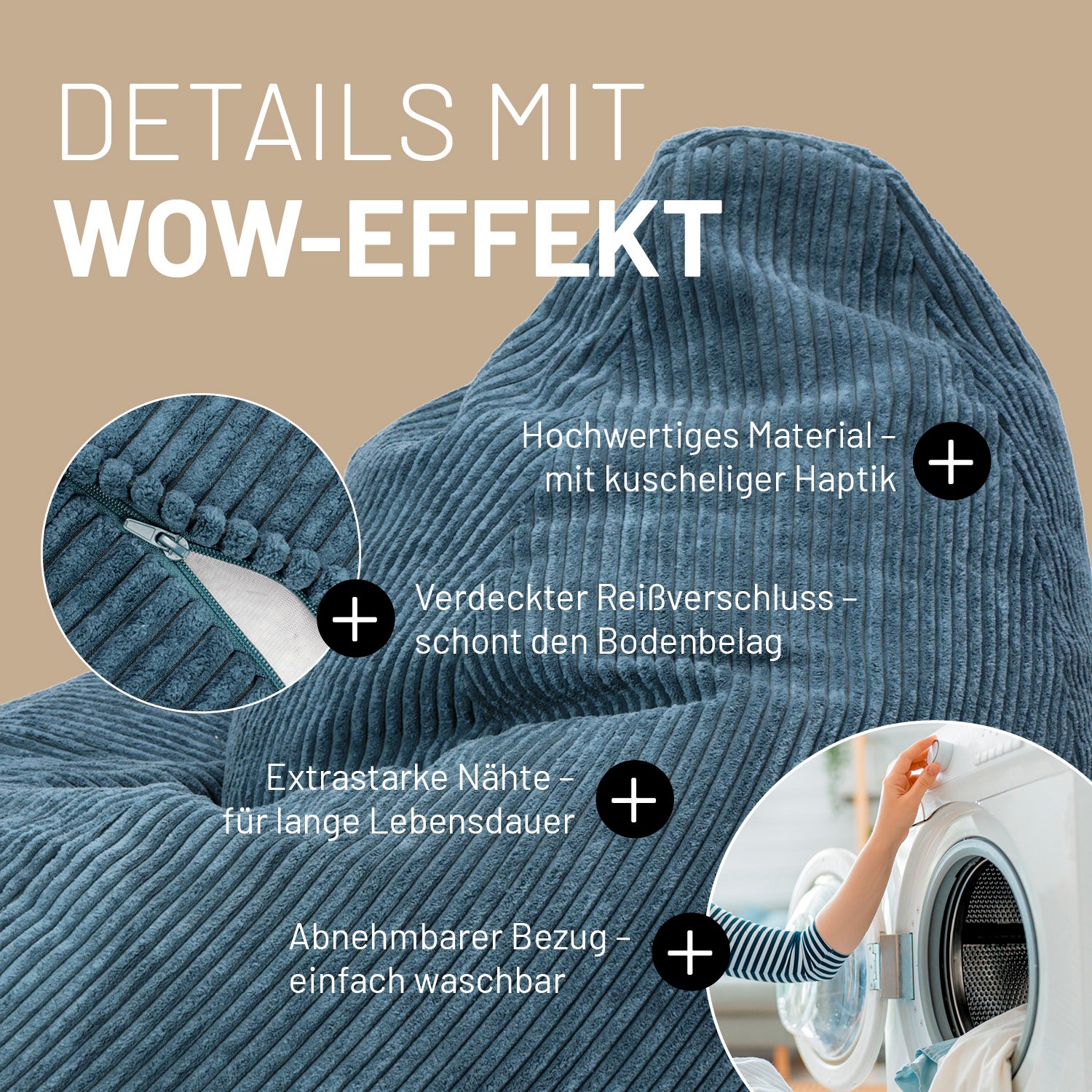Relax-Set Cord – Sitzsack GIANT + Pouf – 400 + 50 Liter – Dunkelblau