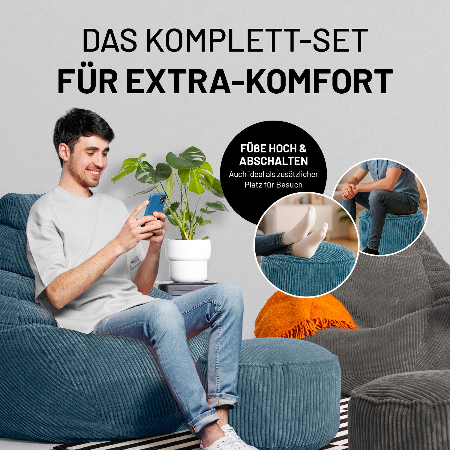 Relax-Set Cord – Sitzsack GIANT + Pouf – 400 + 50 Liter – Dunkelblau
