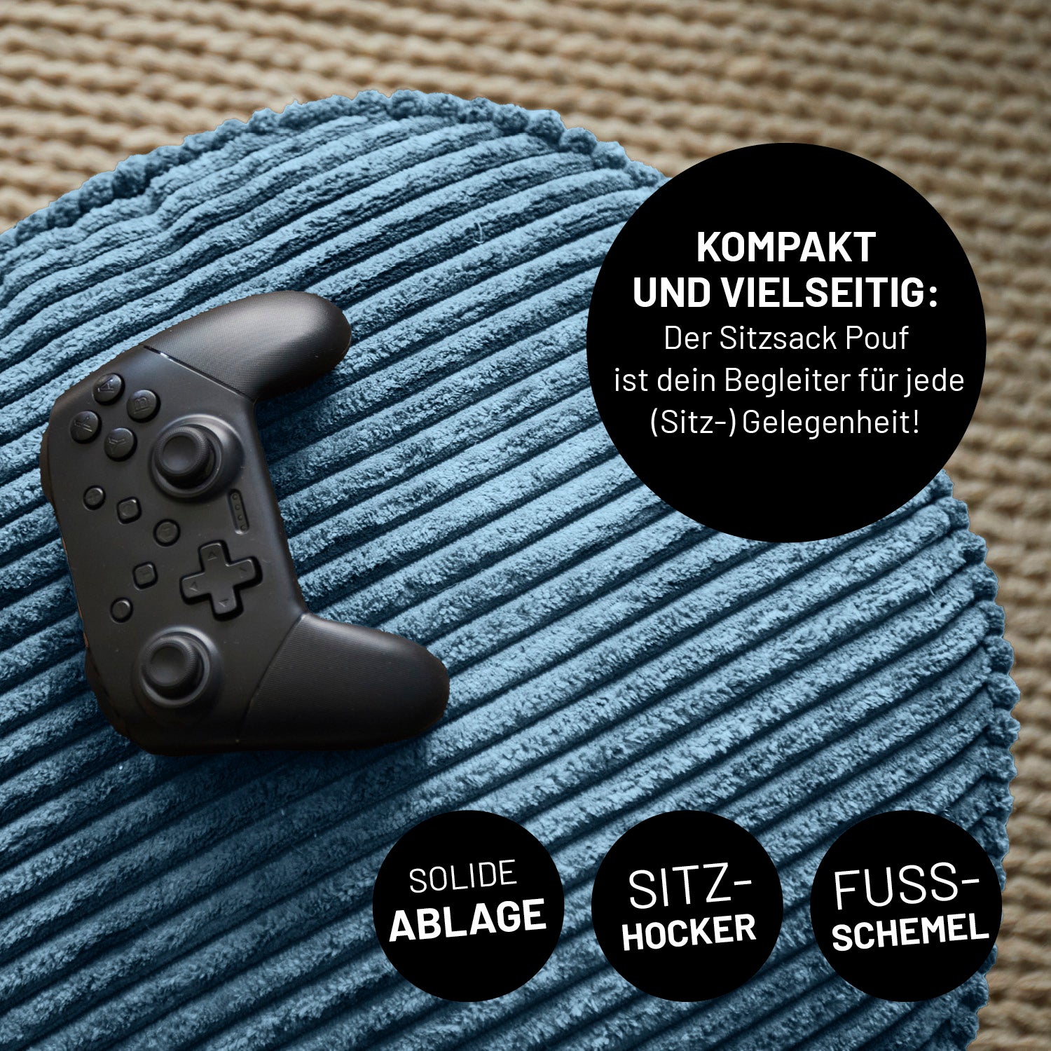 Relax-Set Cord – Sitzsack GIANT + Pouf – 400 + 50 Liter – Dunkelblau