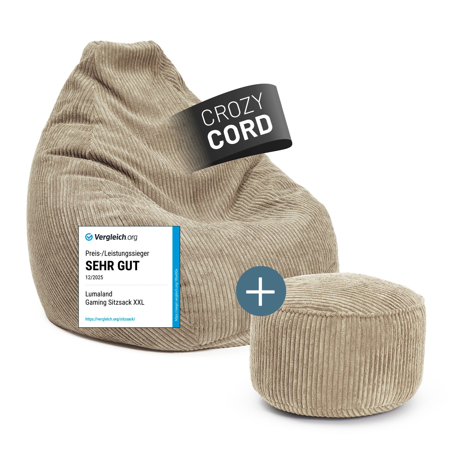 Relax-Set Cord – Sitzsack GIANT (400 L) + Pouf (50 L) - Beige