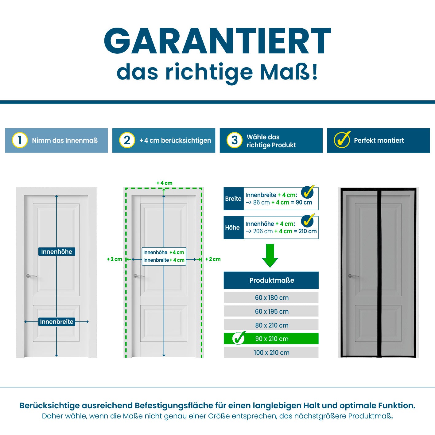 Grafische Anleitung zur Auswahl der richtigen Größe des Insekten- & Pollenschutzvorhangs – 90 x 210 cm unter Berücksichtigung von Innenmaßen und Montage.