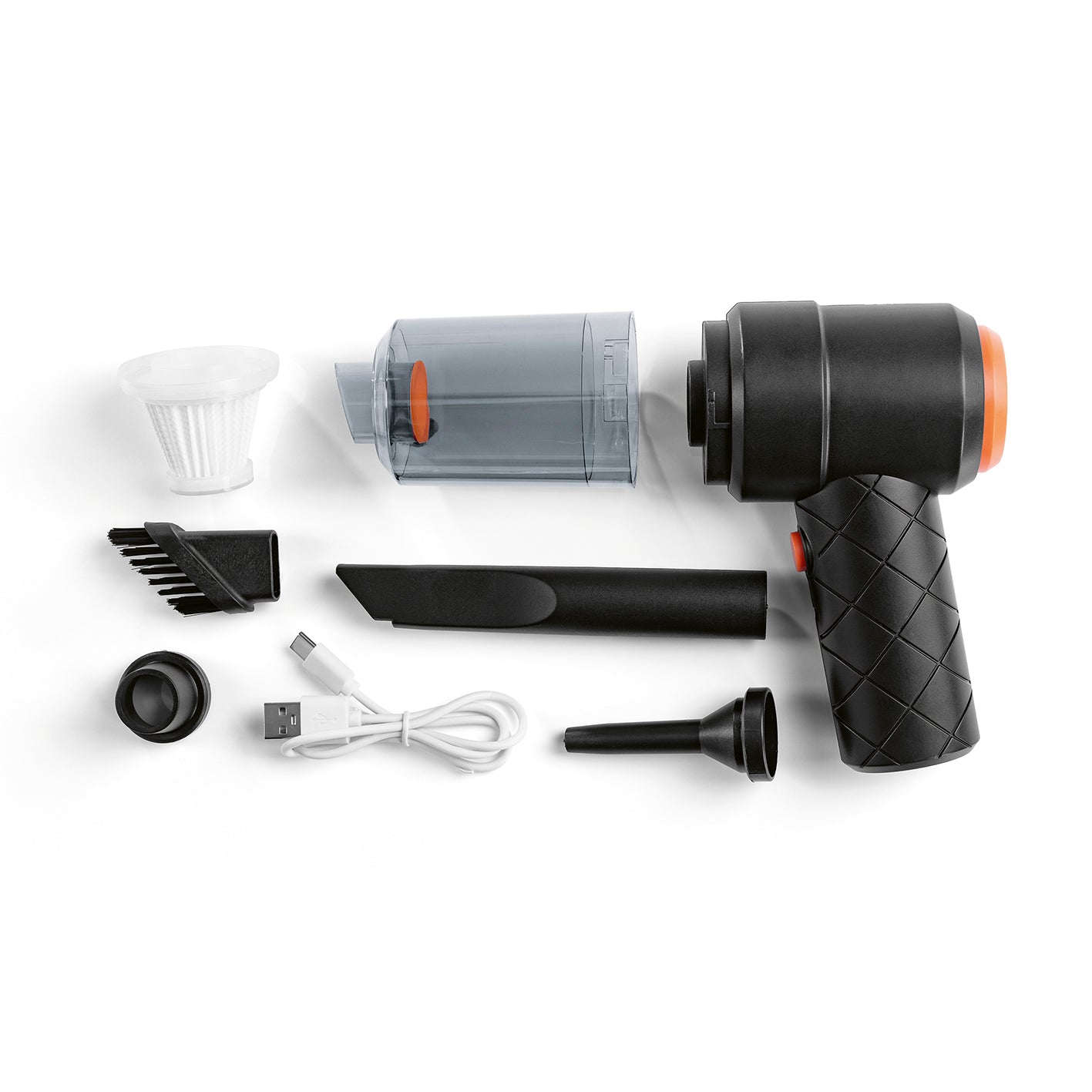 2in1-Akkusauger mit Saug- und Gebläsefunktion inkl. transparentem Staubbehälter, verschiedenen Aufsätzen und USB-Ladekabel auf weißem Hintergrund.