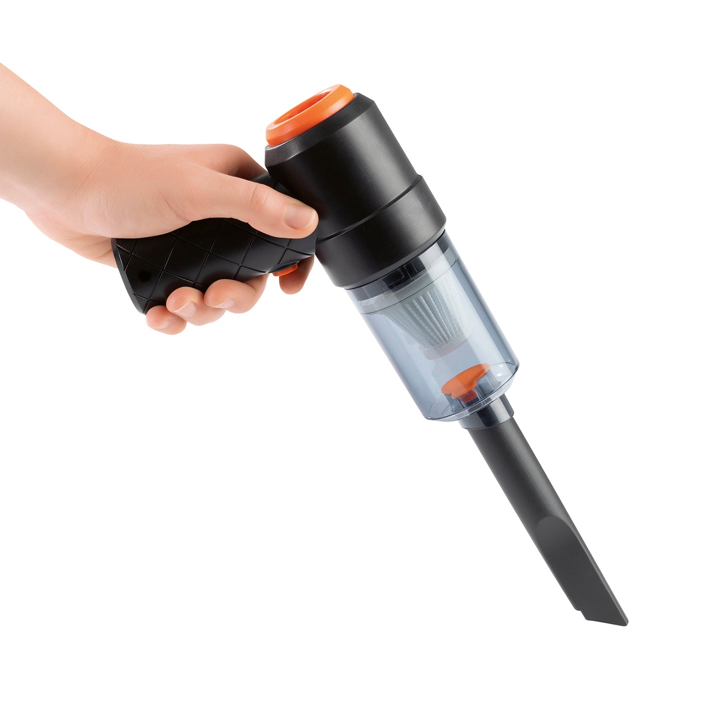 2in1-Akkusauger mit Saug- und Gebläsefunktion, handlich mit transparentem Staubbehälter und ergonomischem Griff, in einer Hand gehalten.
