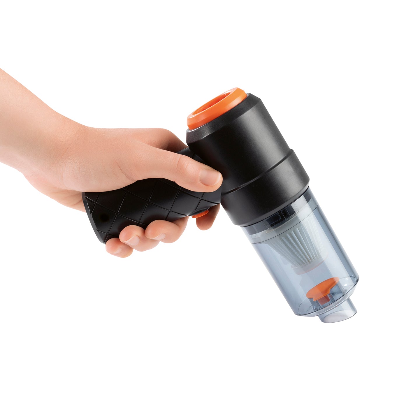 2in1-Akkusauger mit Saug- und Gebläsefunktion in kompakter Ausführung, mit transparentem Auffangbehälter und ergonomischem Griff in Hand gehalten.