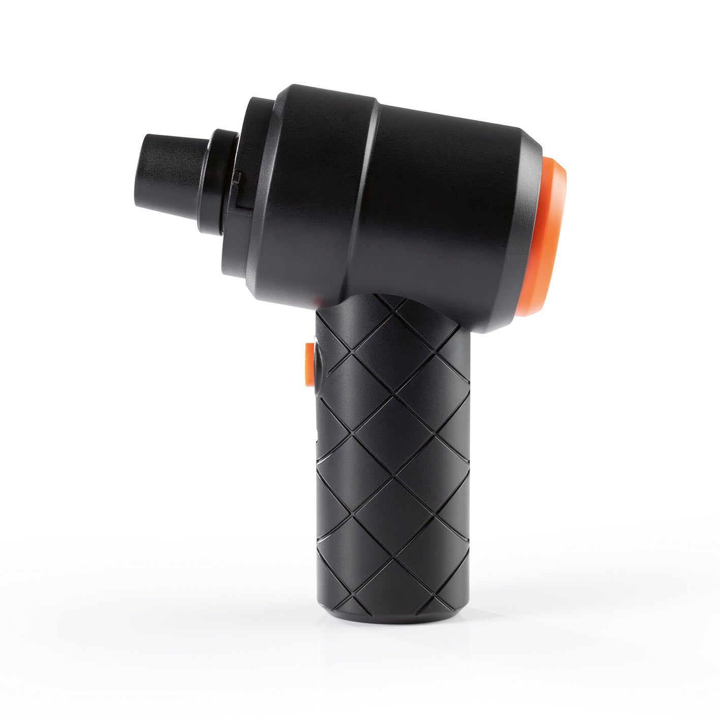 2in1-Akkusauger mit Saug- und Gebläsefunktion in kompaktem Gehäuse mit griffigem, rautenförmigem Griff und orangefarbenem Schalter.