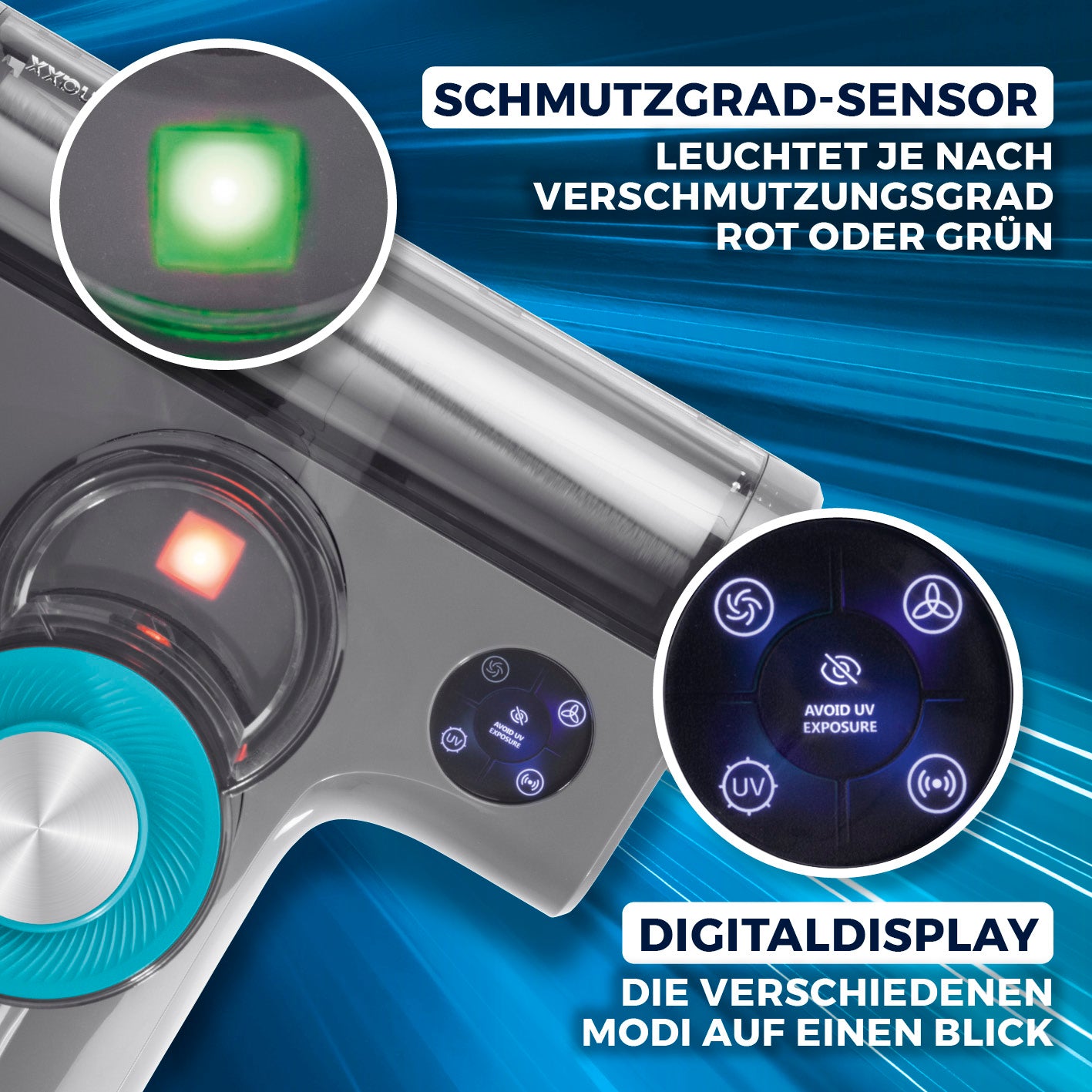 Milbensauger Rotation Power mit Schmutzgrad-Sensor und Digitaldisplay zur effizienten Milbenentfernung und UV-C-Desinfektion.