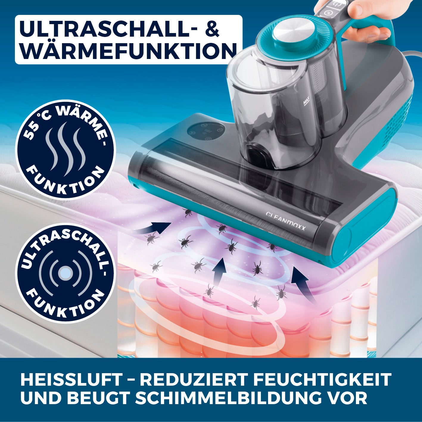 Milbensauger Rotation Power mit Ultraschall- und Wärmefunktion zur effektiven Milbenentfernung und Schimmelvorbeugung.