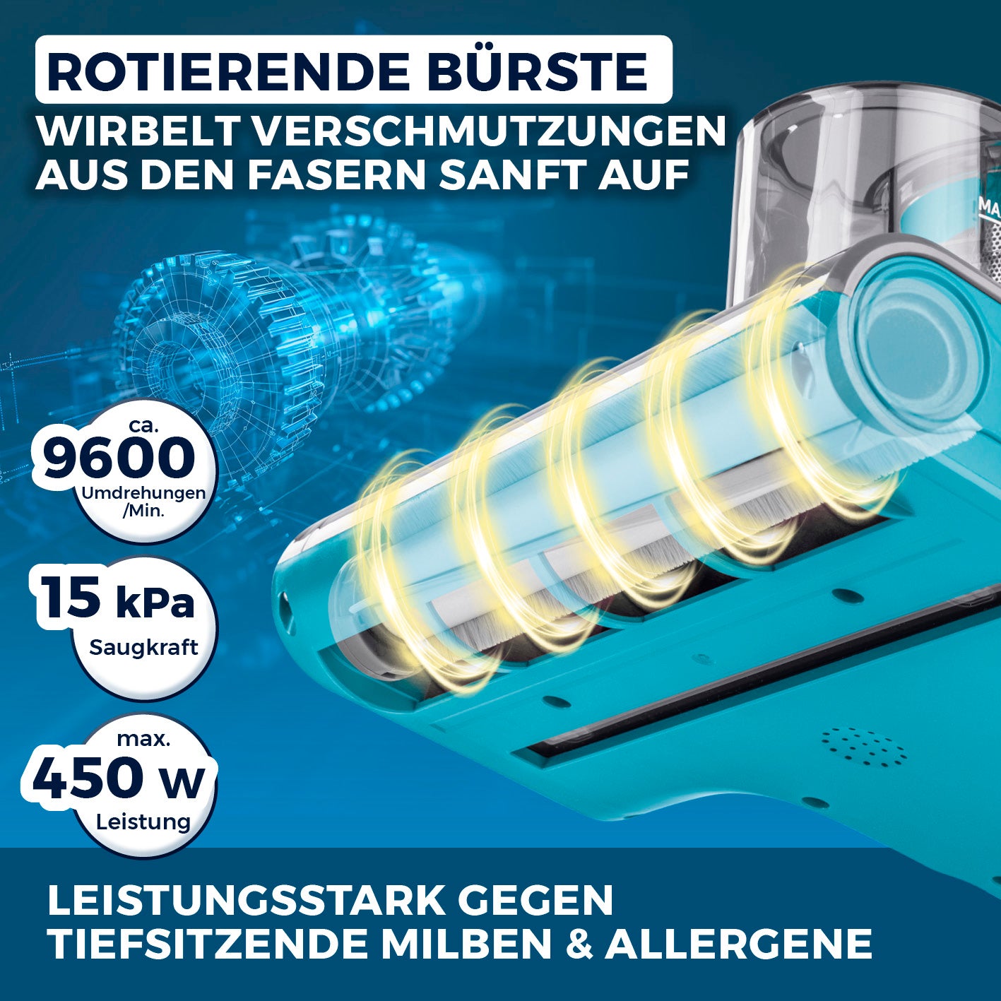 Milbensauger Rotation Power mit rotierender Bürste, 9600 U/min, 15 kPa Saugkraft gegen tiefsitzende Milben und Allergene.