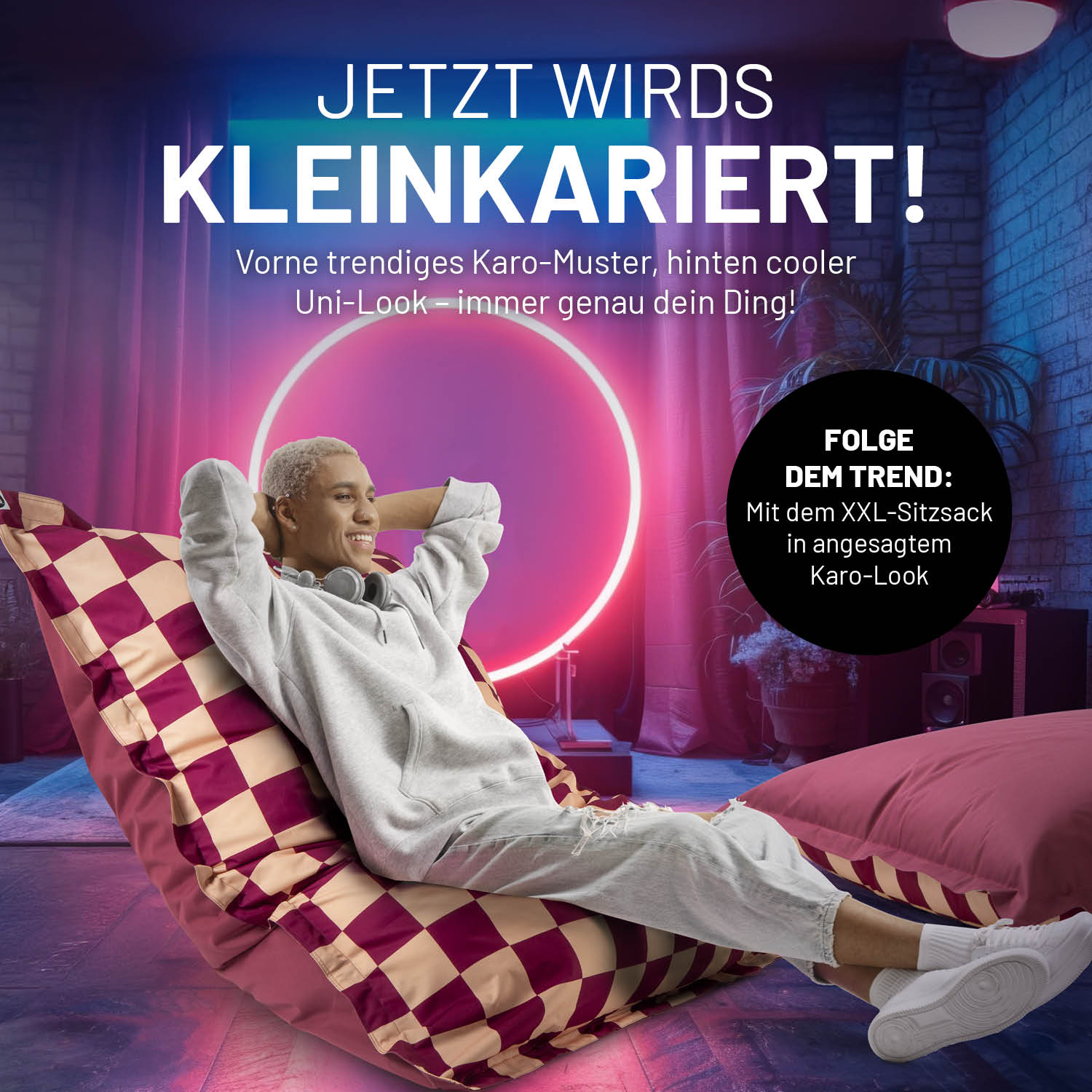 XXL-Sitzsack Karo - Weinrot/Pfirsich