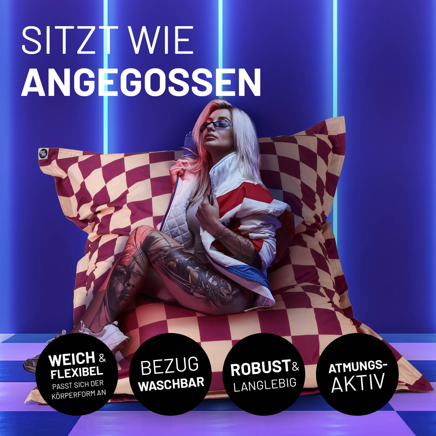 XXL-Sitzsack Karo - Weinrot/Pfirsich