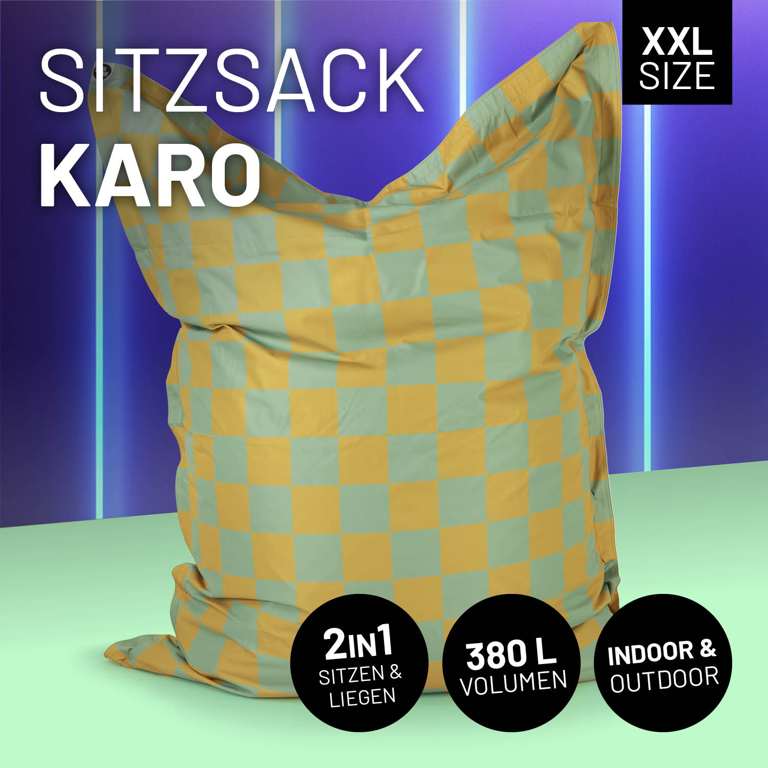 XXL-Sitzsack Karo - Pastellgrün/Senfgelb
