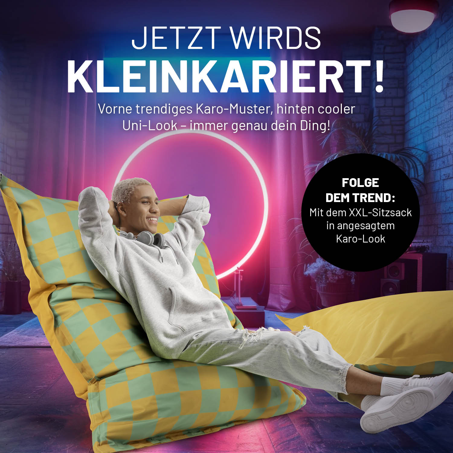 XXL-Sitzsack Karo - Pastellgrün/Senfgelb