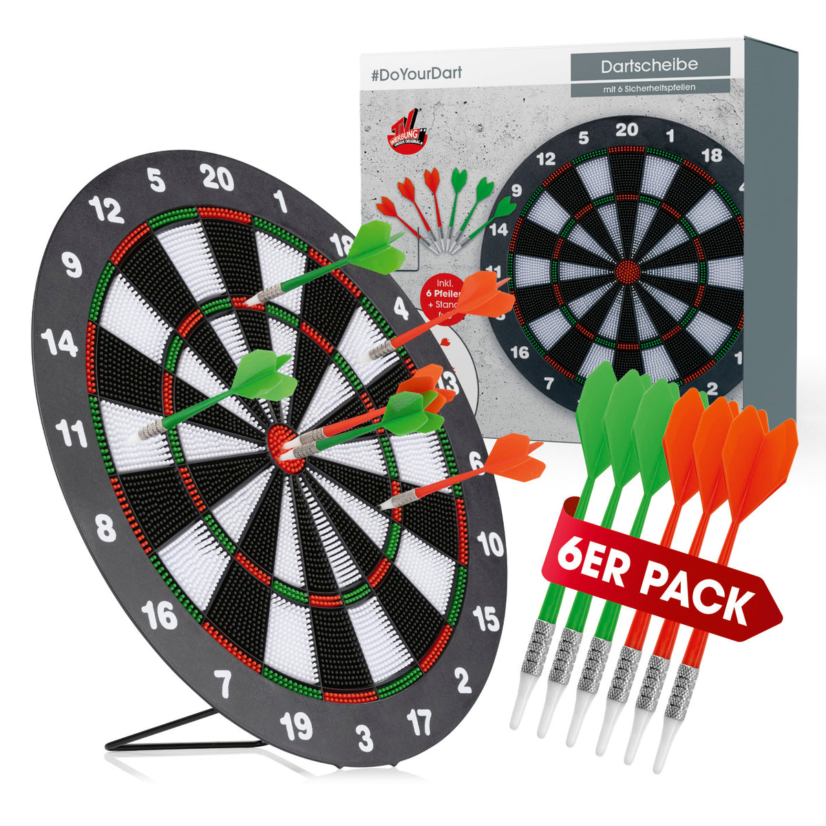 Dartscheibe mit 6 Sicherheitspfeilen mit farbigen Pfeilen und Verpackung