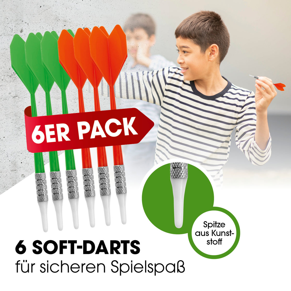 Dartscheibe mit 6 Sicherheitspfeilen und sechs Soft Darts mit Kunststoffspitzen für sicheren Spielspaß