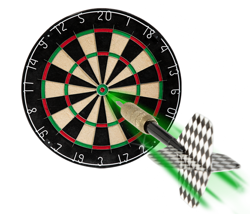 Pfeil mit grünem Lichteffekt trifft exakt die Bullseye-Zone einer Dartscheibe mit klassischem Schwarz-Beige-Design.
