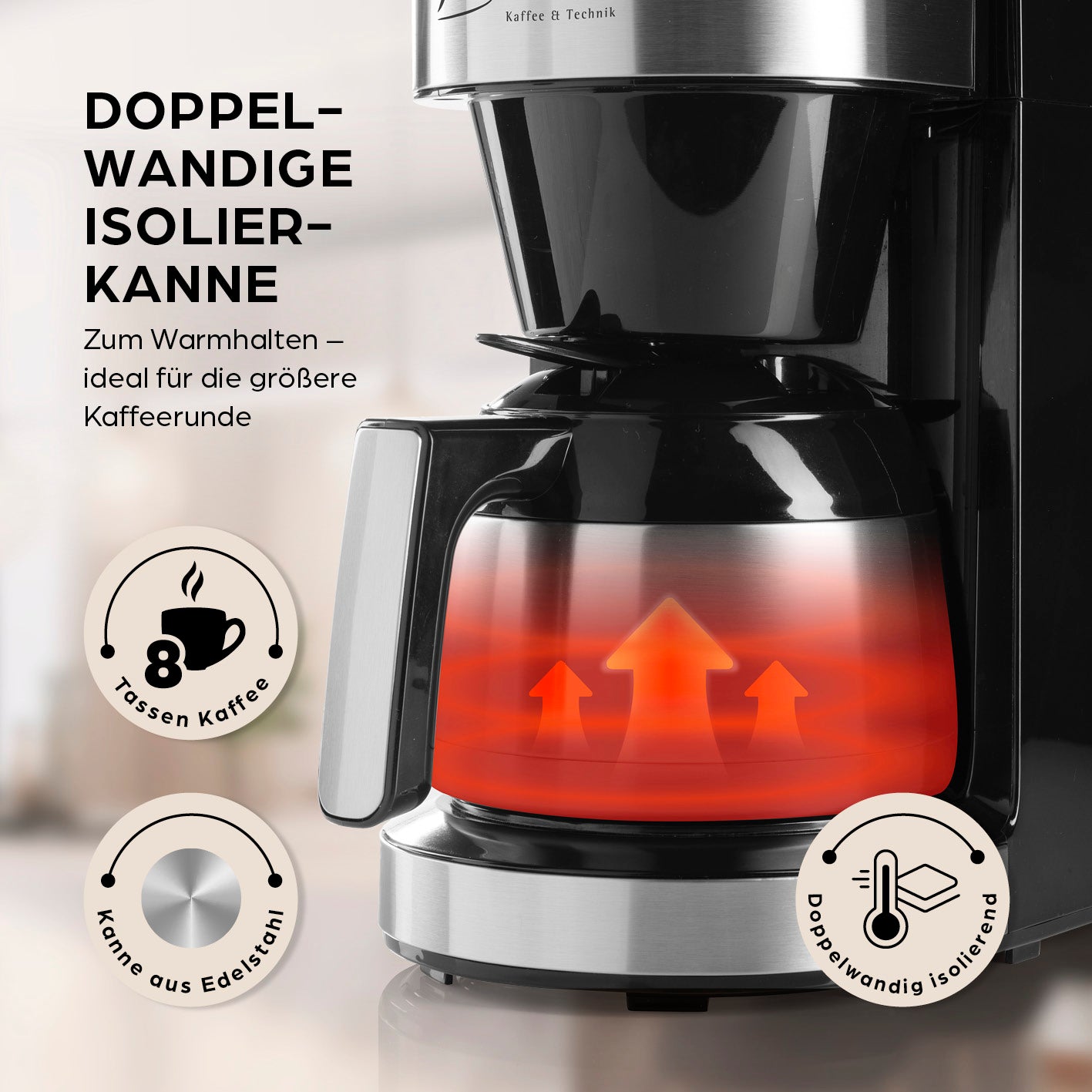 Filterkaffeemaschine Touch Iso mit Mahlwerk - Schwarz mit doppelwandiger Edelstahl-Isolierkanne für bis zu 8 Tassen Kaffee.