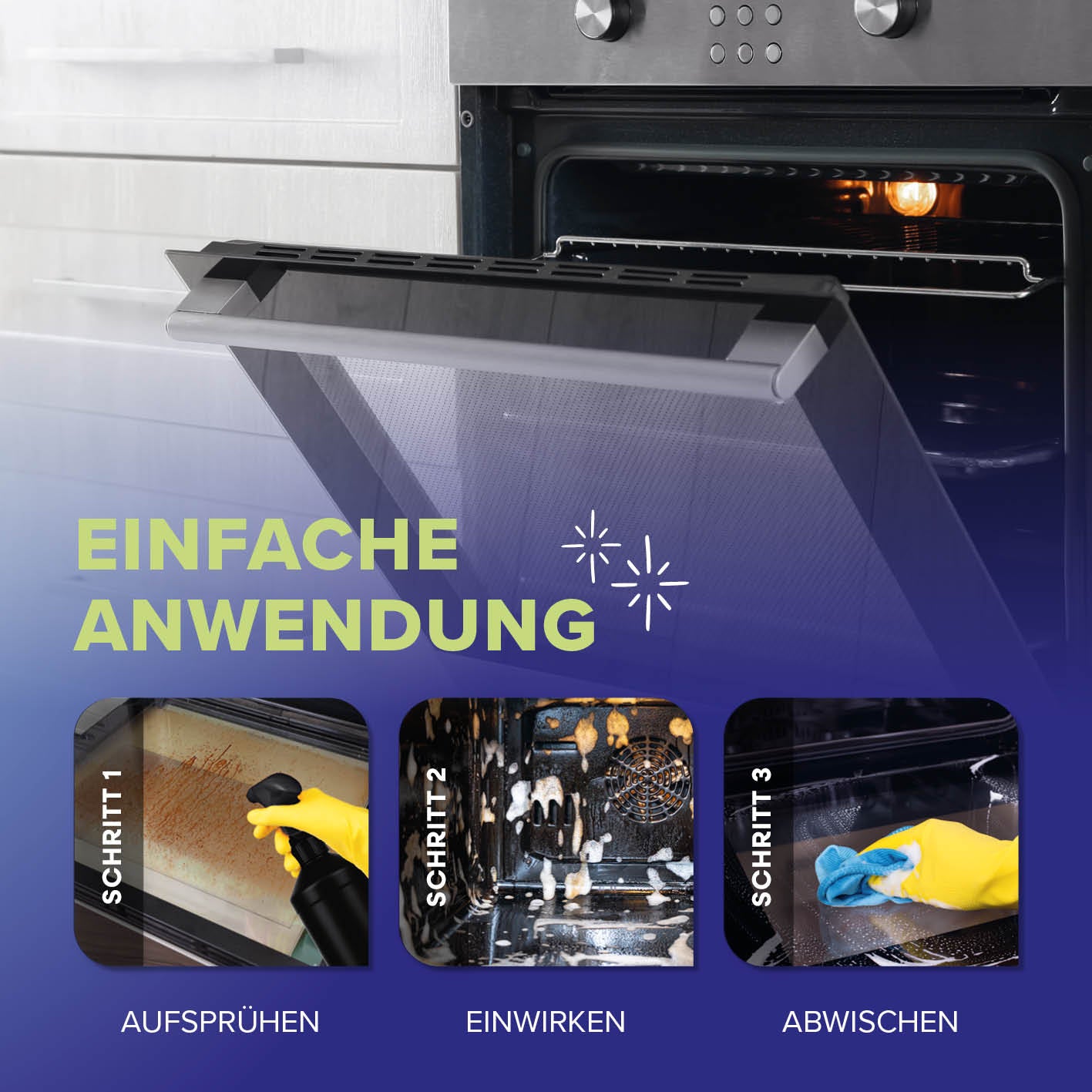 Backofen & Grillreiniger - 750 ml zeigt einfache Anwendung mit Aktivschaum zum Aufsprühen, Einwirken und Abwischen im Ofenbereich.