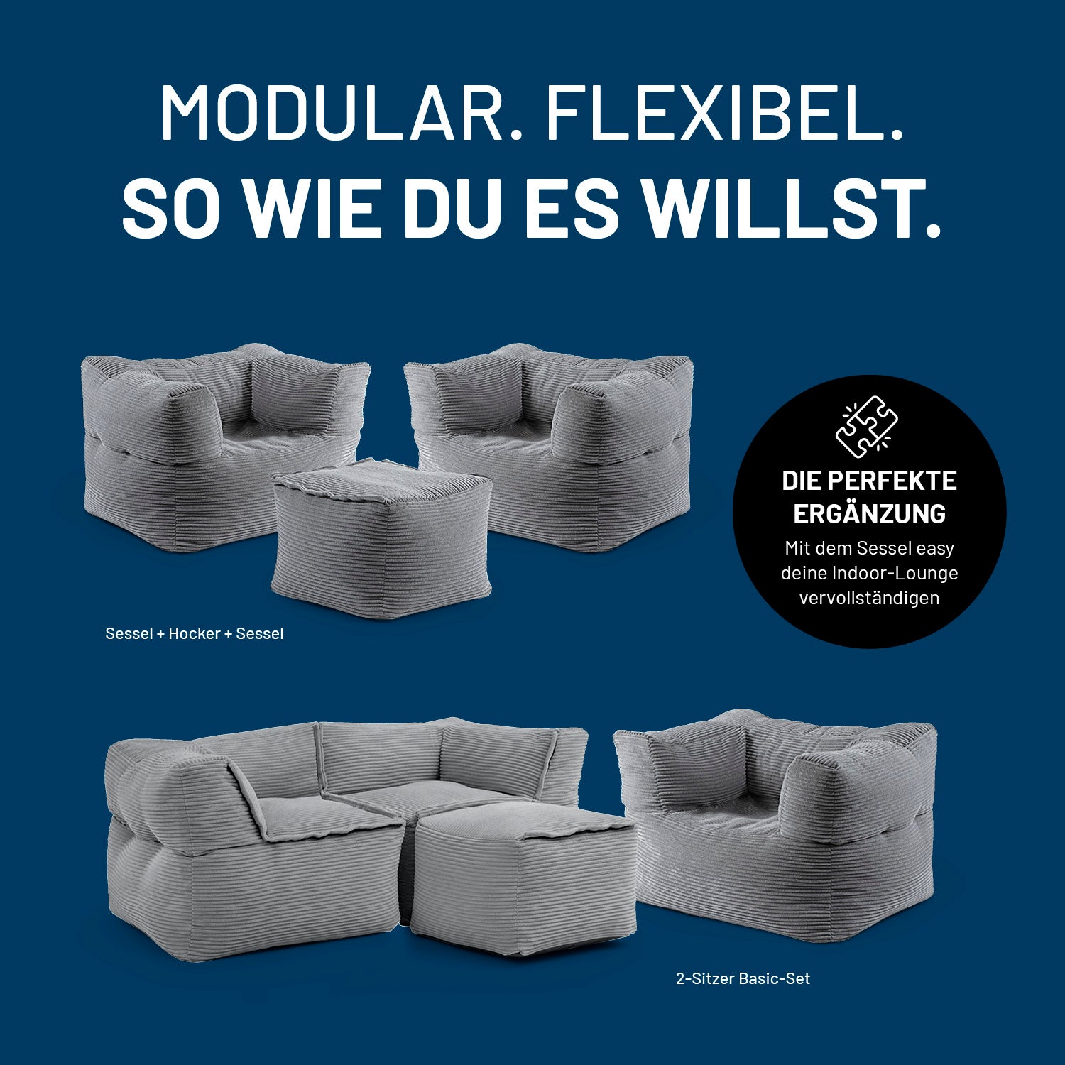 Modularer Sessel aus der LUMALAND Cord-Reihe - 400 L - 96 x 72 x 70 cm - Grau, flexibel kombinierbar als Lounge oder Sessel