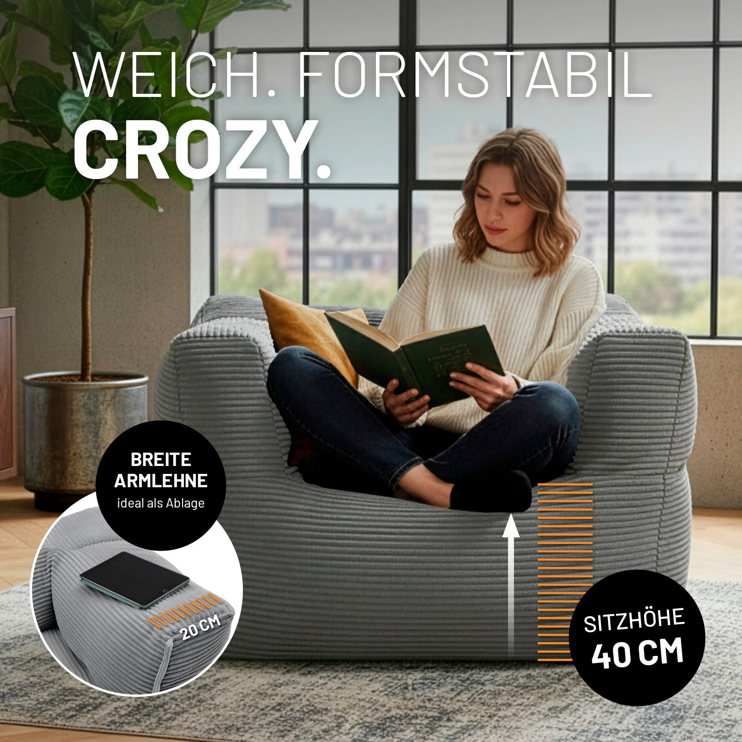 Modularer Sessel aus der LUMALAND Cord-Reihe - 400 L - 96 x 72 x 70 cm - Grau mit breiter Armlehne und 40 cm Sitzhöhe