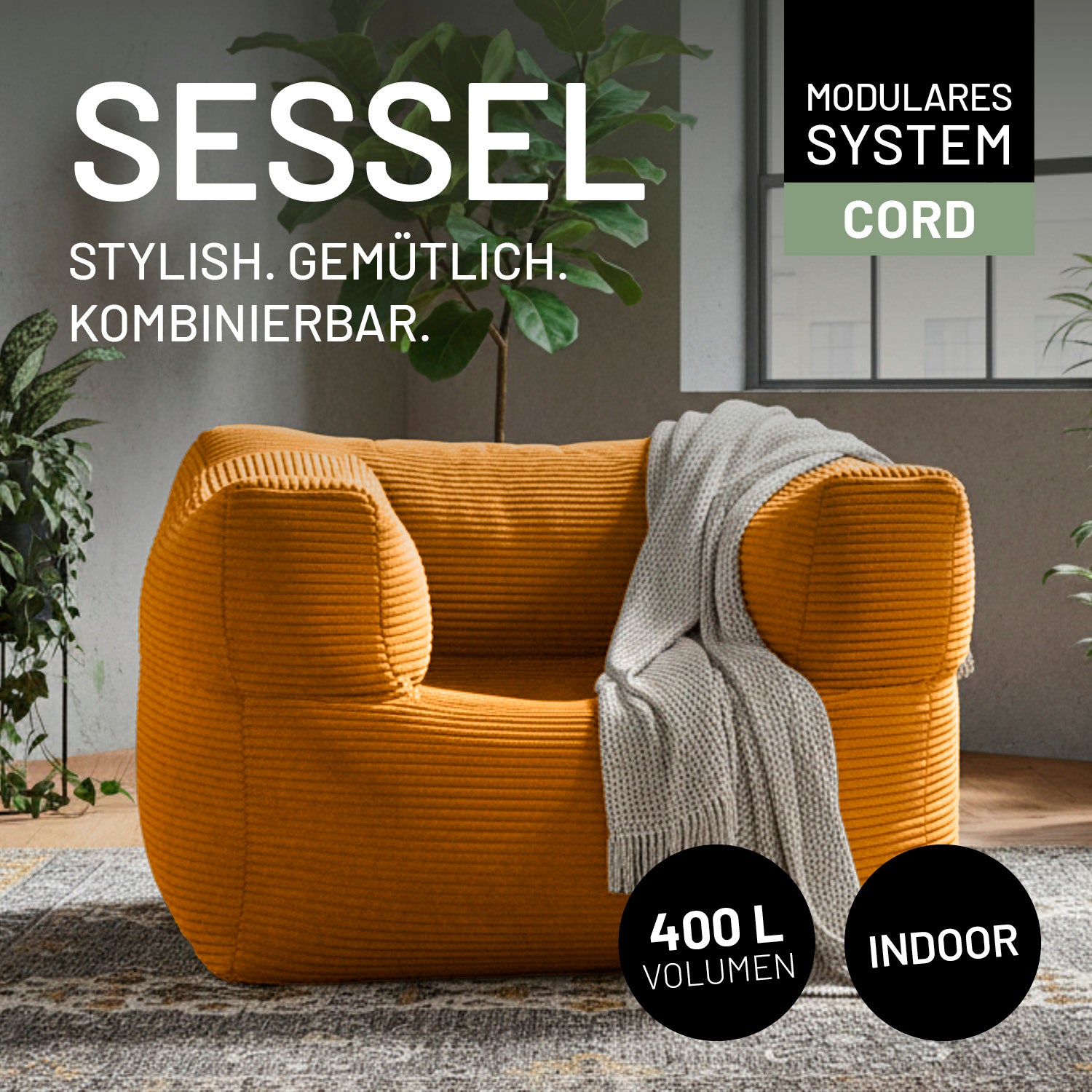 Modularer Sessel aus der LUMALAND Cord-Reihe - 400 L - 96 x 72 x 70 cm - Senfgelb aus kuscheligem Cordstoff, modern und kombinierbar.