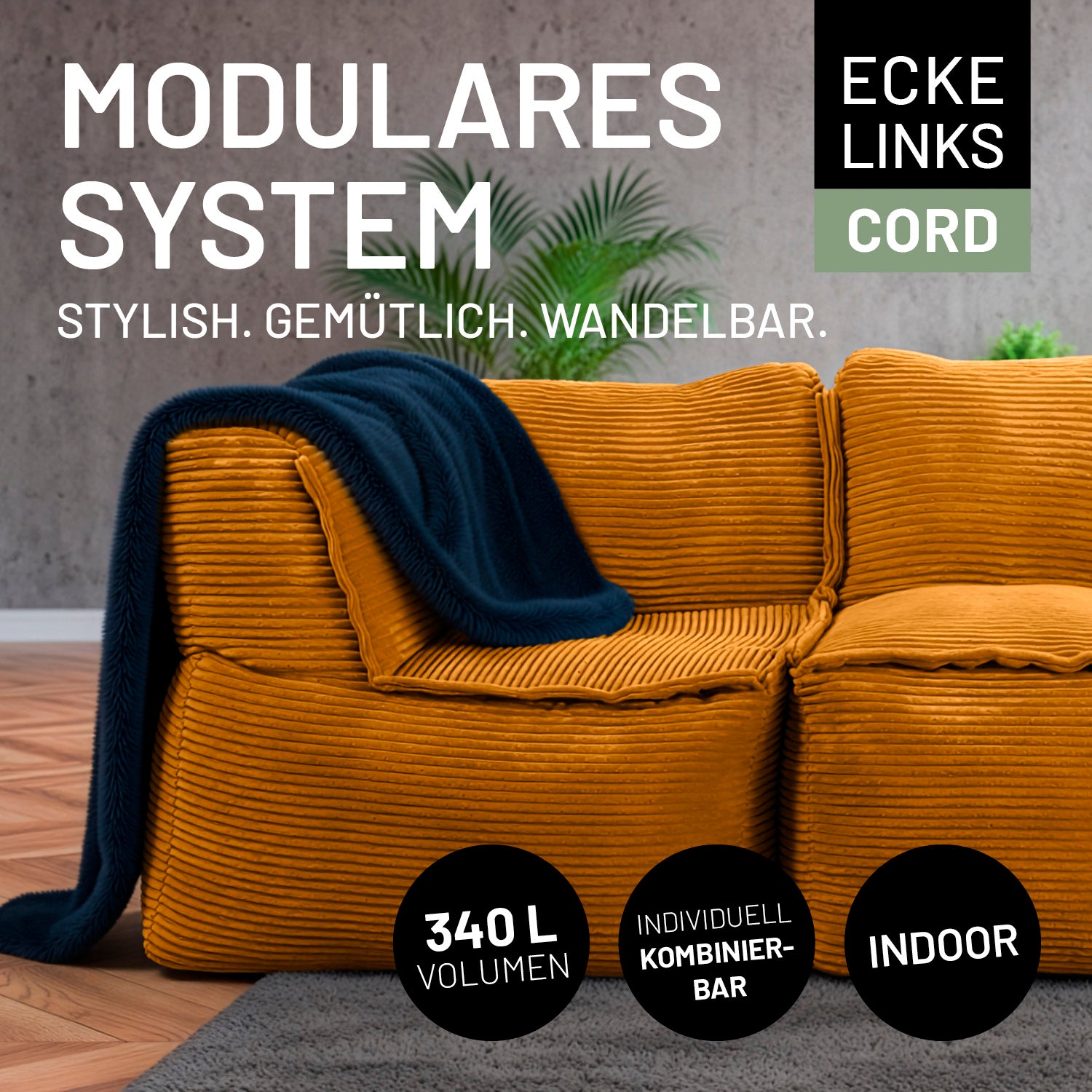 Modulares Eckteil links aus der LUMALAND Cord-Reihe - 340 L - 81 x 81 x 70 cm - Senfgelb gemütliche Cord Sitzgelegenheit für Innenräume