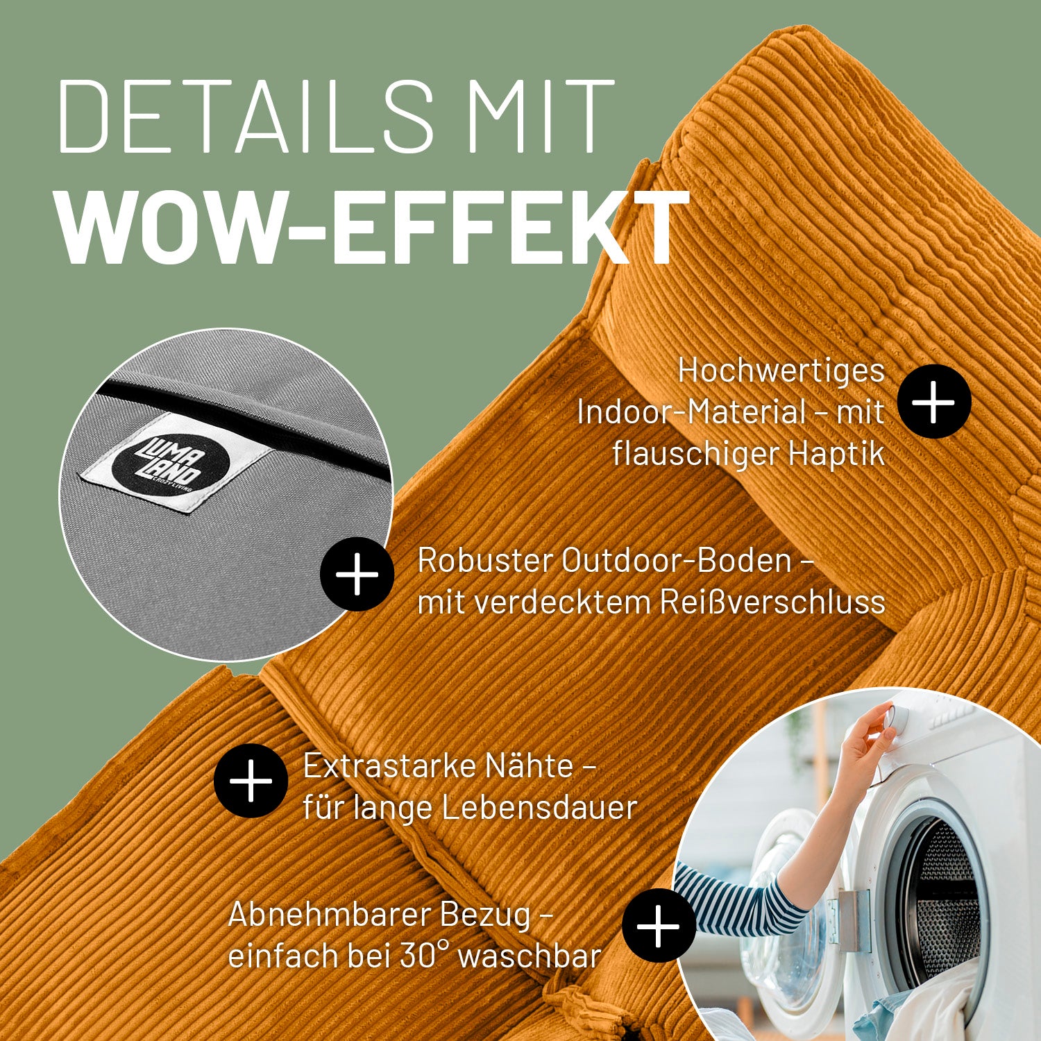 Modulares Eckteil links aus der LUMALAND Cord-Reihe - 340 L - senfgelb mit robustem Material, abnehmbarem Bezug und verstärkten Nähten.